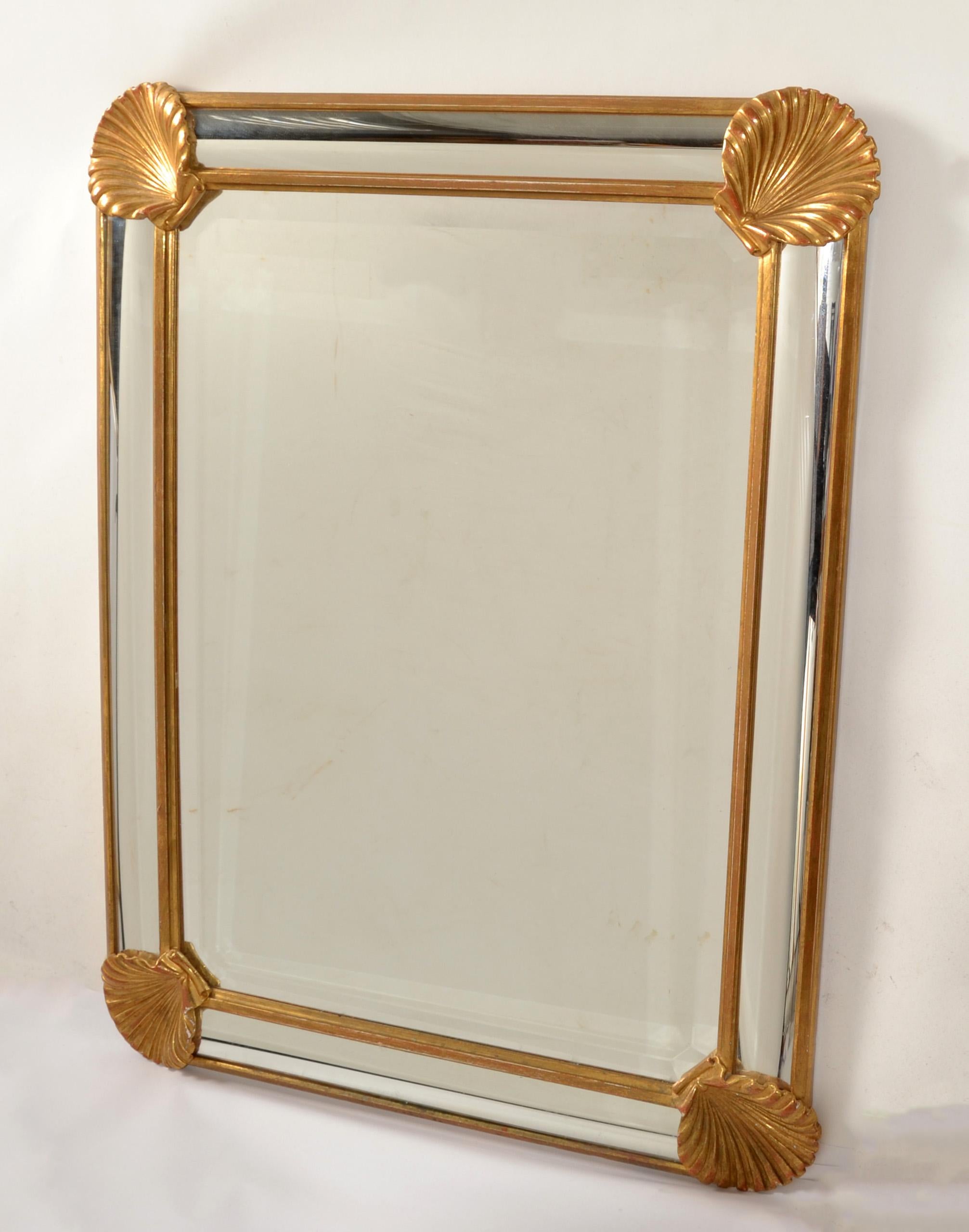 Mid-Century Modern 1970s LaBarge Rectangle Nautical Carved Gilt Wood Seashell Beveled Wall Mirror For Sale
