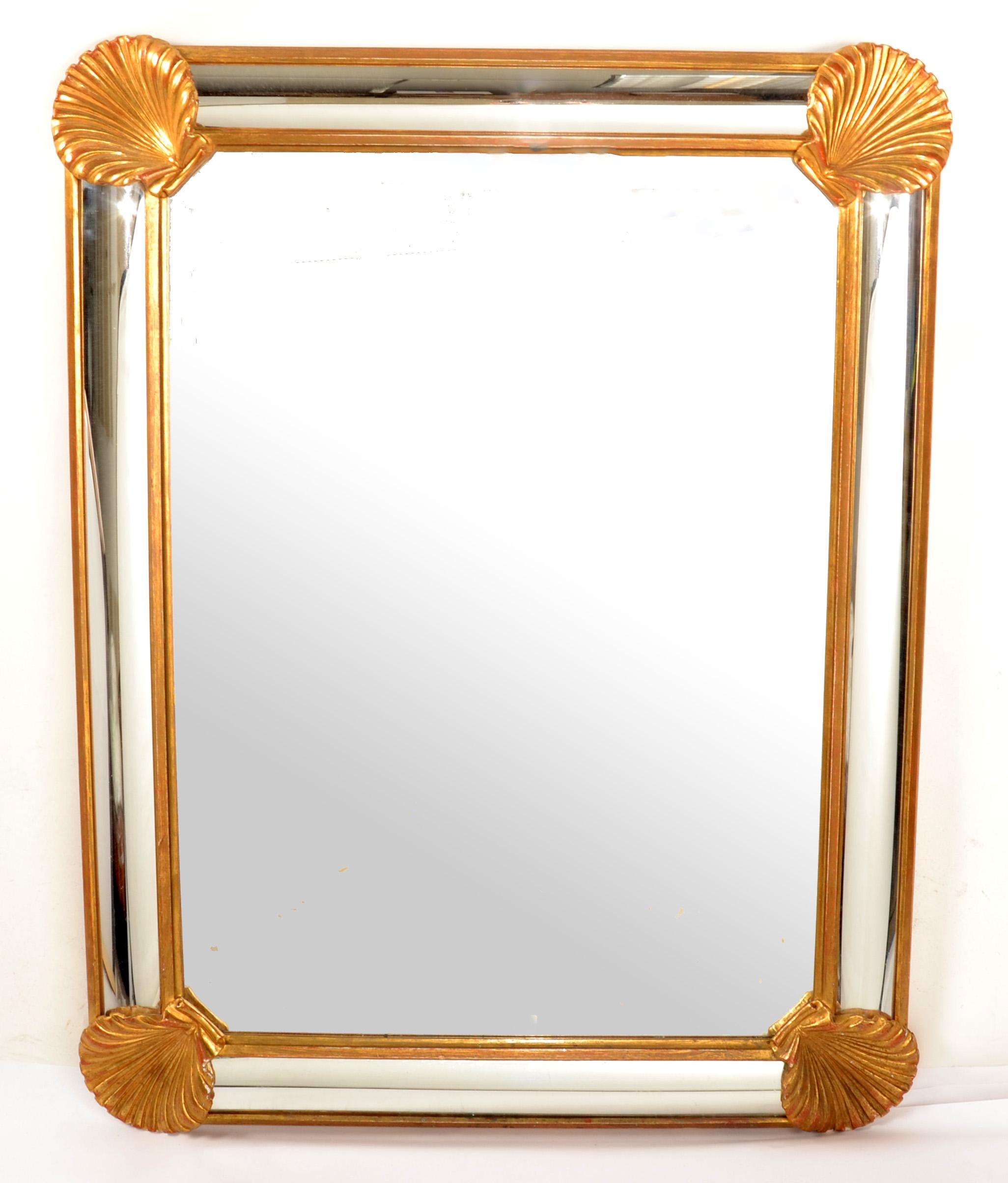 Italian 1970s LaBarge Rectangle Nautical Carved Gilt Wood Seashell Beveled Wall Mirror For Sale