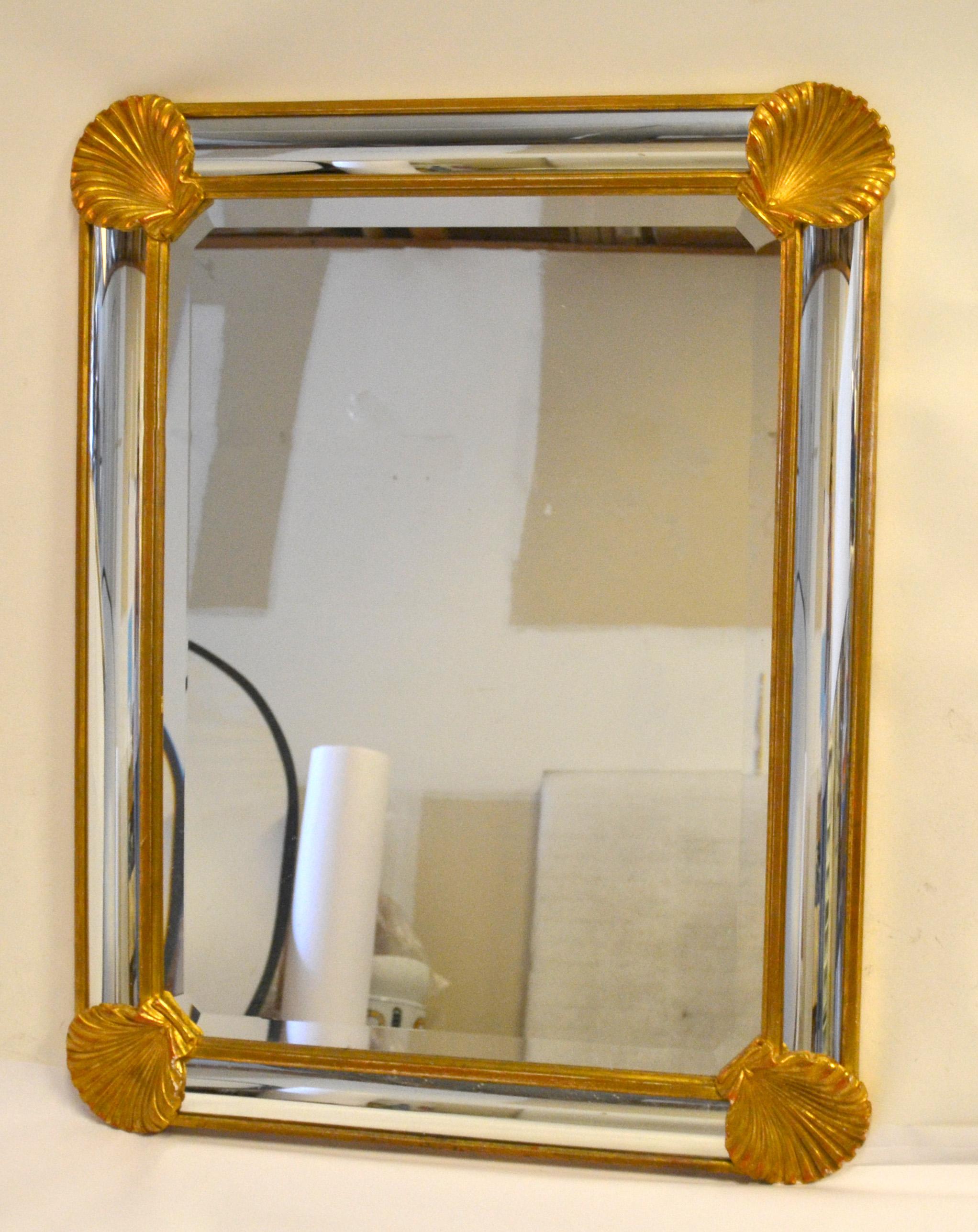 20th Century 1970s LaBarge Rectangle Nautical Carved Gilt Wood Seashell Beveled Wall Mirror For Sale