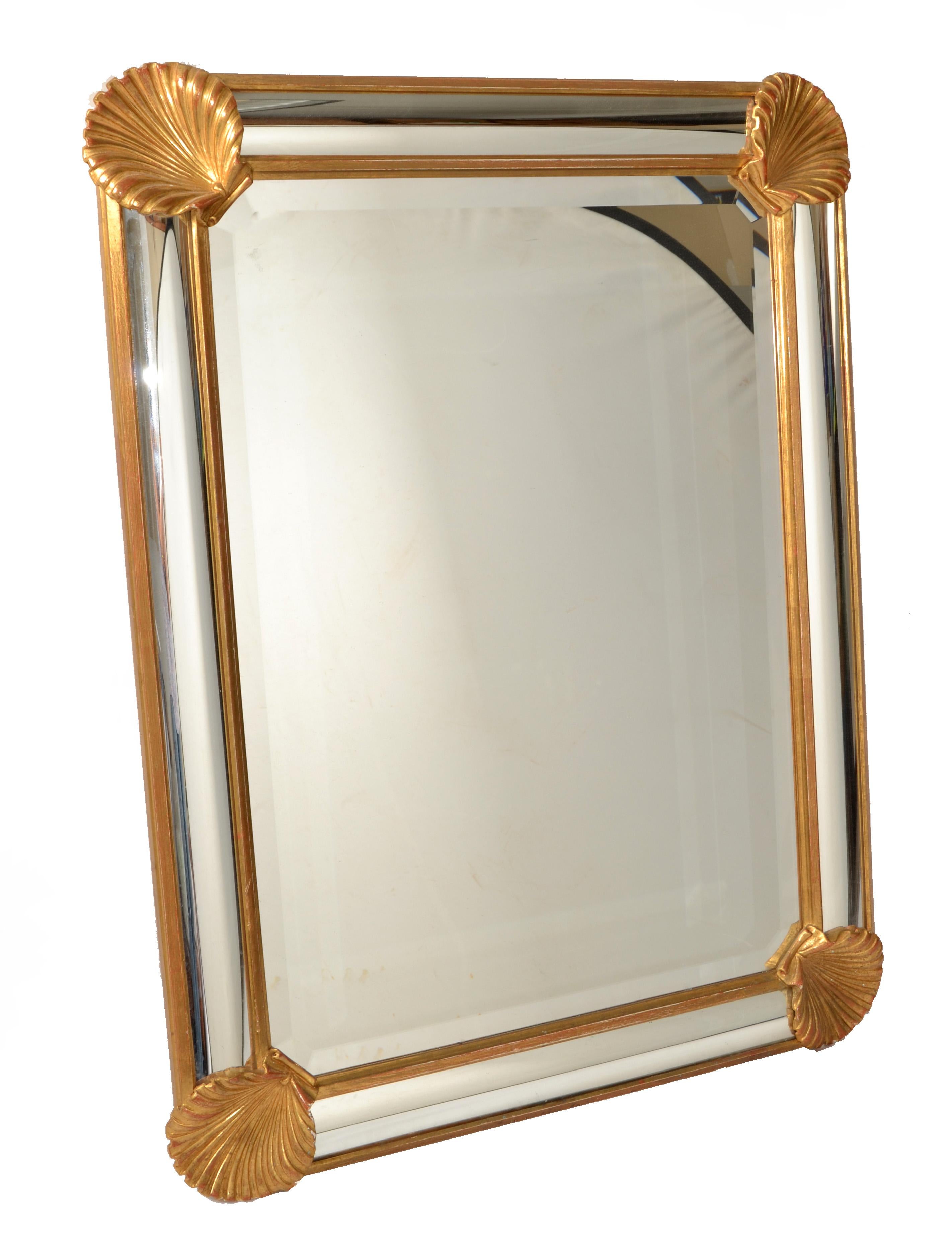 1970s LaBarge Rectangle Nautical Carved Gilt Wood Seashell Beveled Wall Mirror For Sale 2