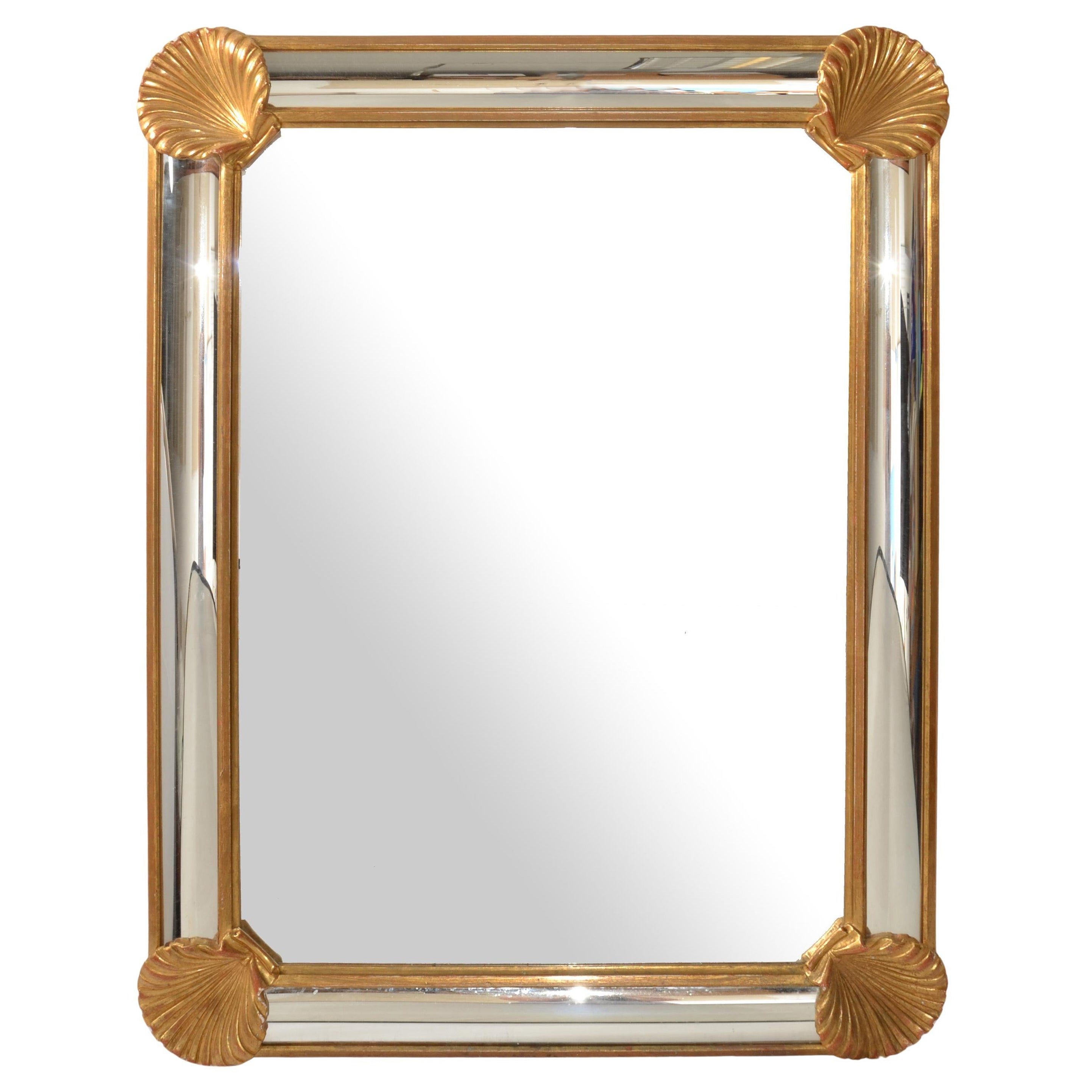 1970s LaBarge Rectangle Nautical Carved Gilt Wood Seashell Beveled Wall Mirror For Sale