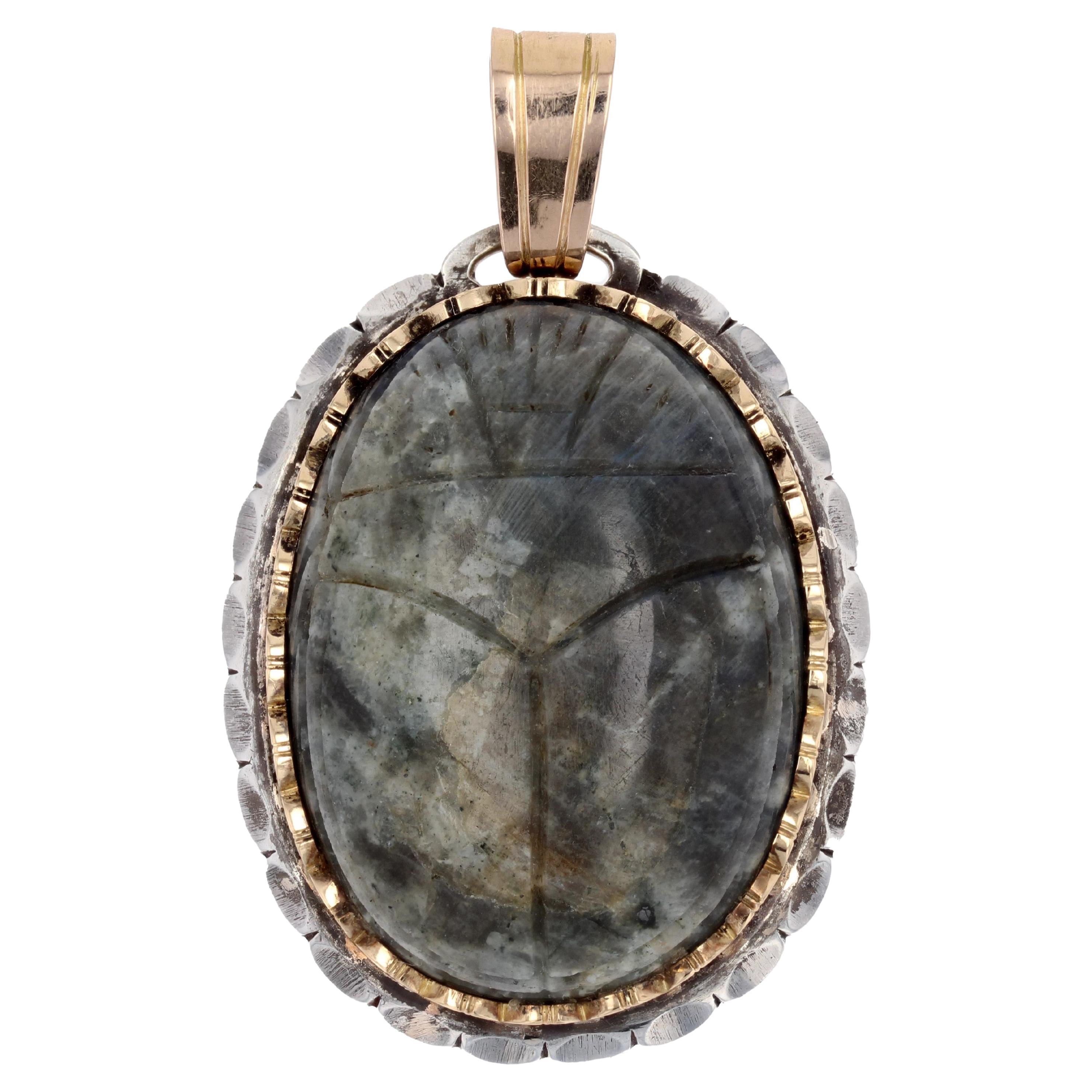 Pendentif scarabée en argent et or en labradorite des années 1970