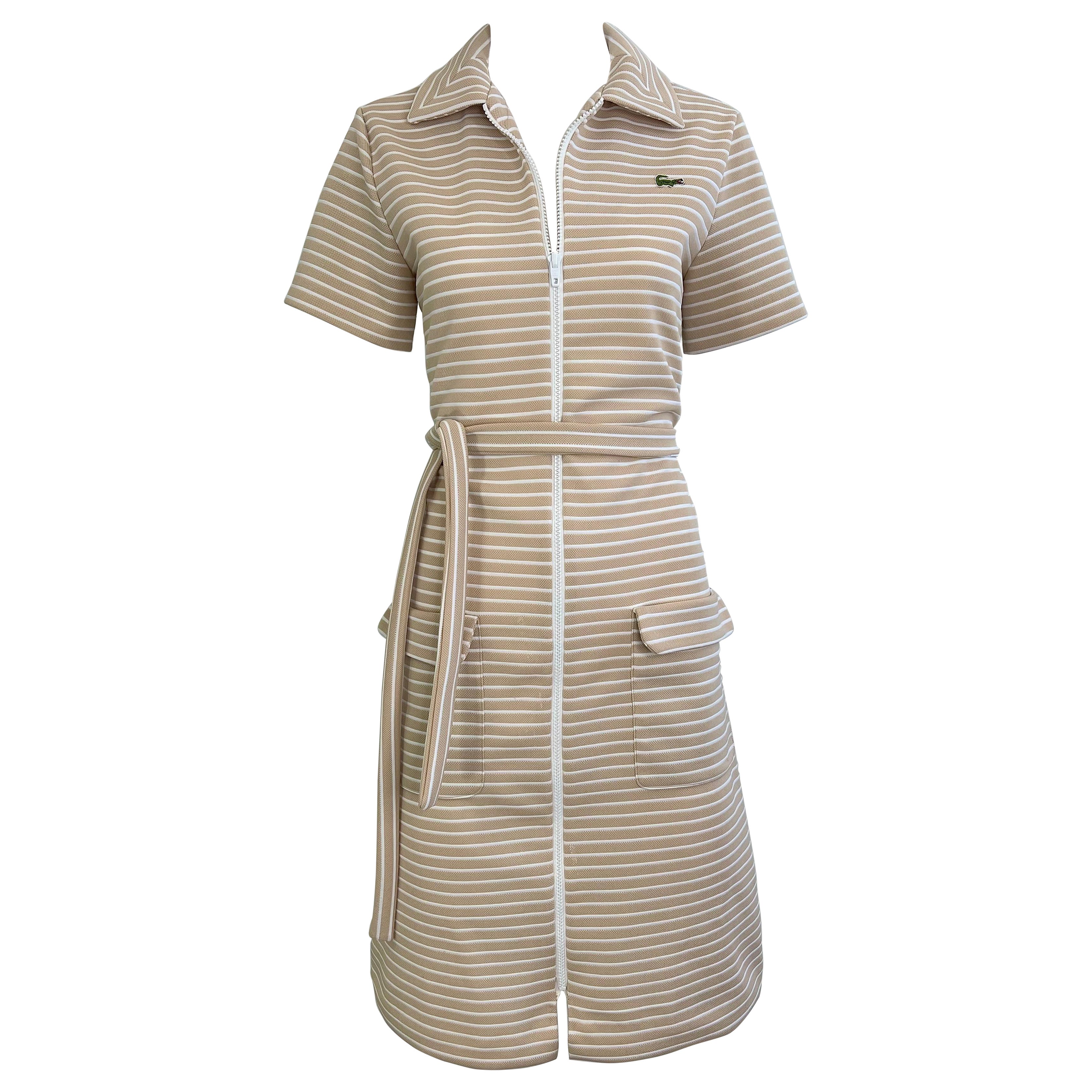 1970s Lacoste Knit Zip Front Vintage 70s Knit Shirt Dress Khaki Striped Belted