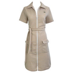 1970s Lacoste Knit Zip Front Vintage 70s Knit Shirt Dress Khaki Striped Belted