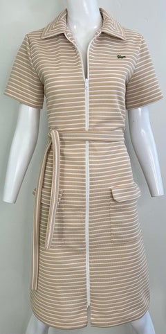 1970s Lacoste Knit Zip Front Vintage 70s Knit Shirt Dress Khaki Striped Belted
