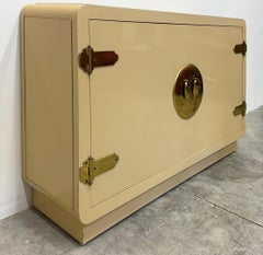 1970s Lacquered Asian Inspired Mastercraft Cabinet, Overscale Brass Hardware