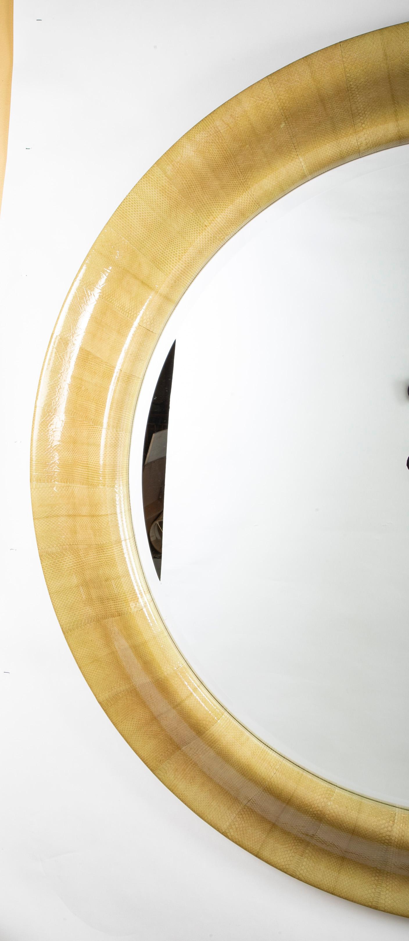 Mid-Century Modern Karl Springer Lacquered Snakeskin Round Mirror, Large Scale, 60 Inch Diameter