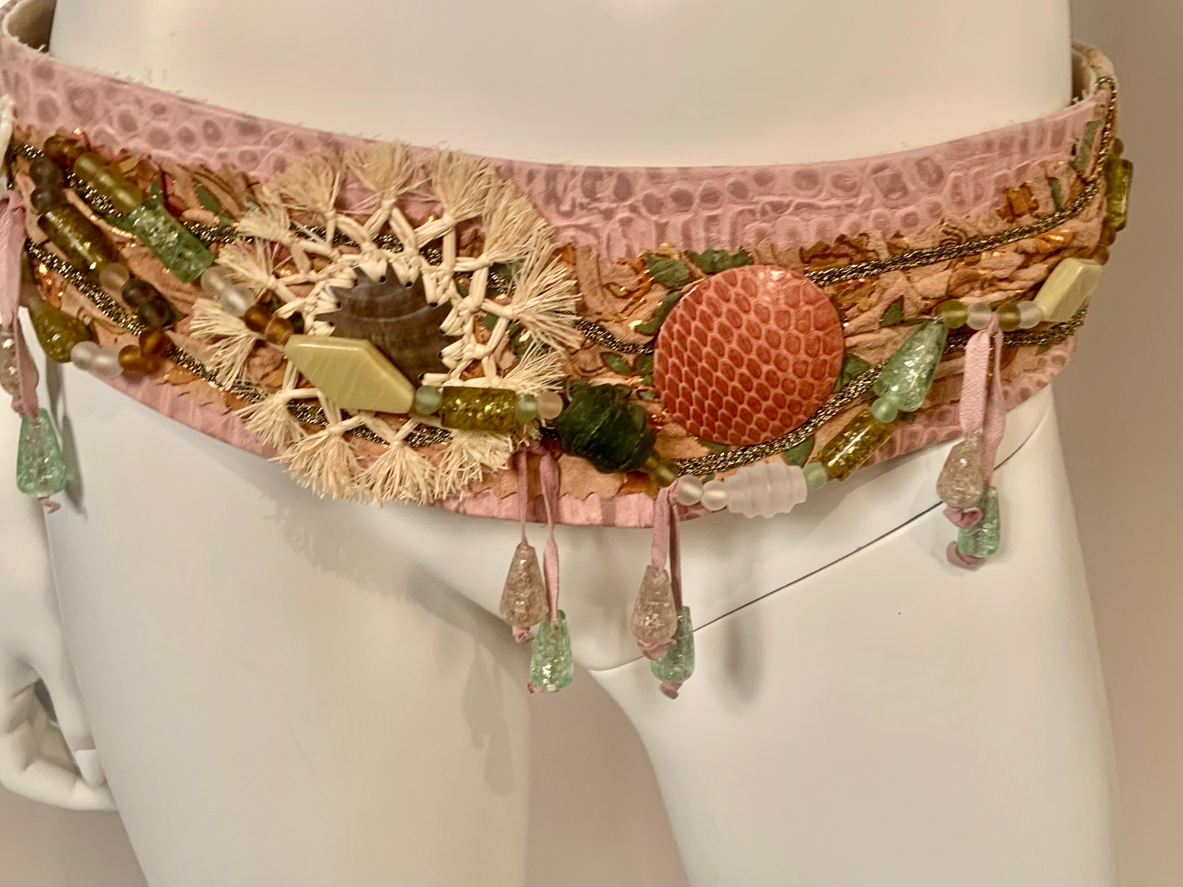 1970's Laise Adzer Pink Leather and Suede Belt  Beadwork and Straw Decoration For Sale 1