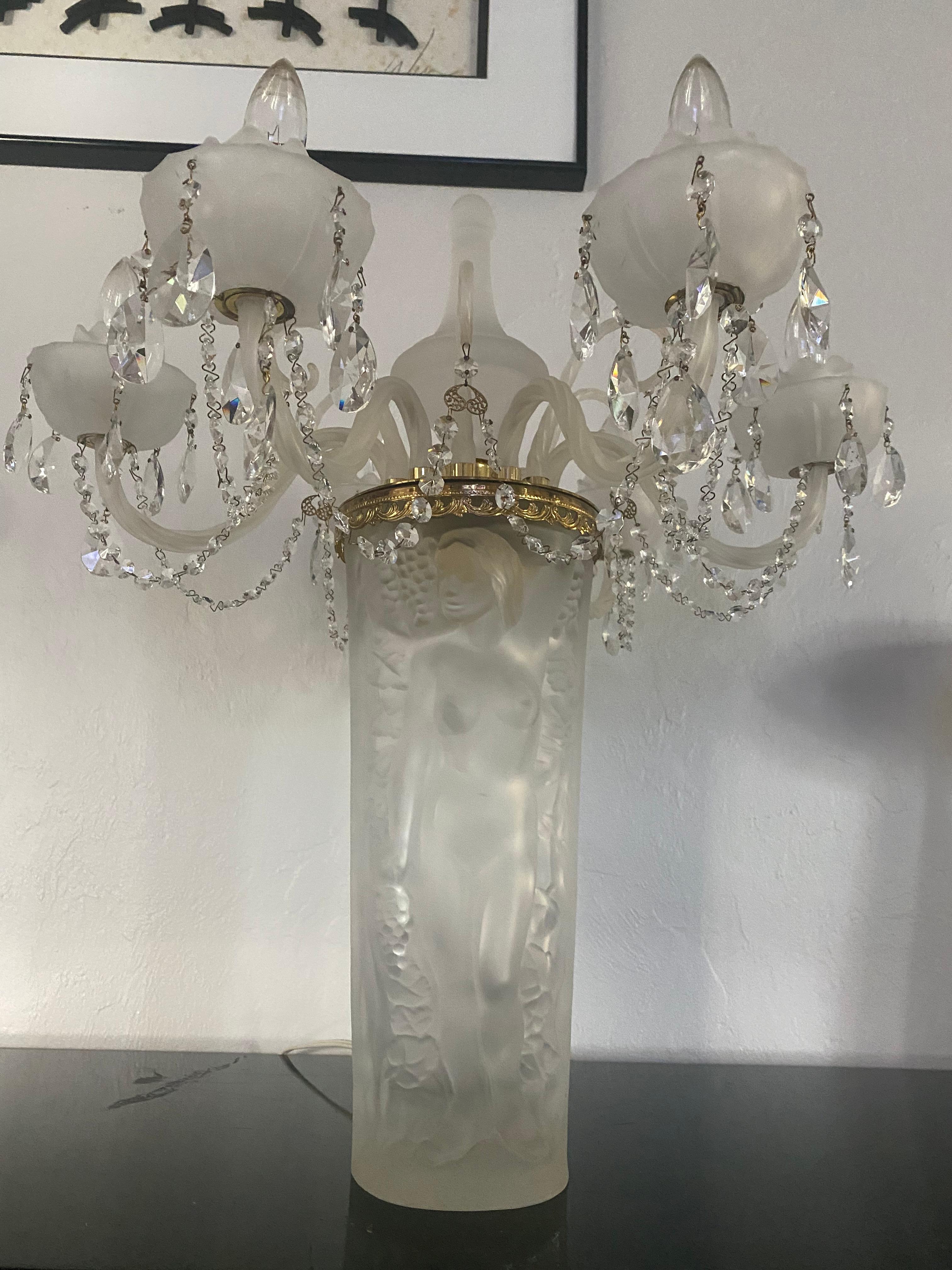 1970s Lalique Style Crystal and Brass Bacchante Figurative Chandelier Table Lamp For Sale 4