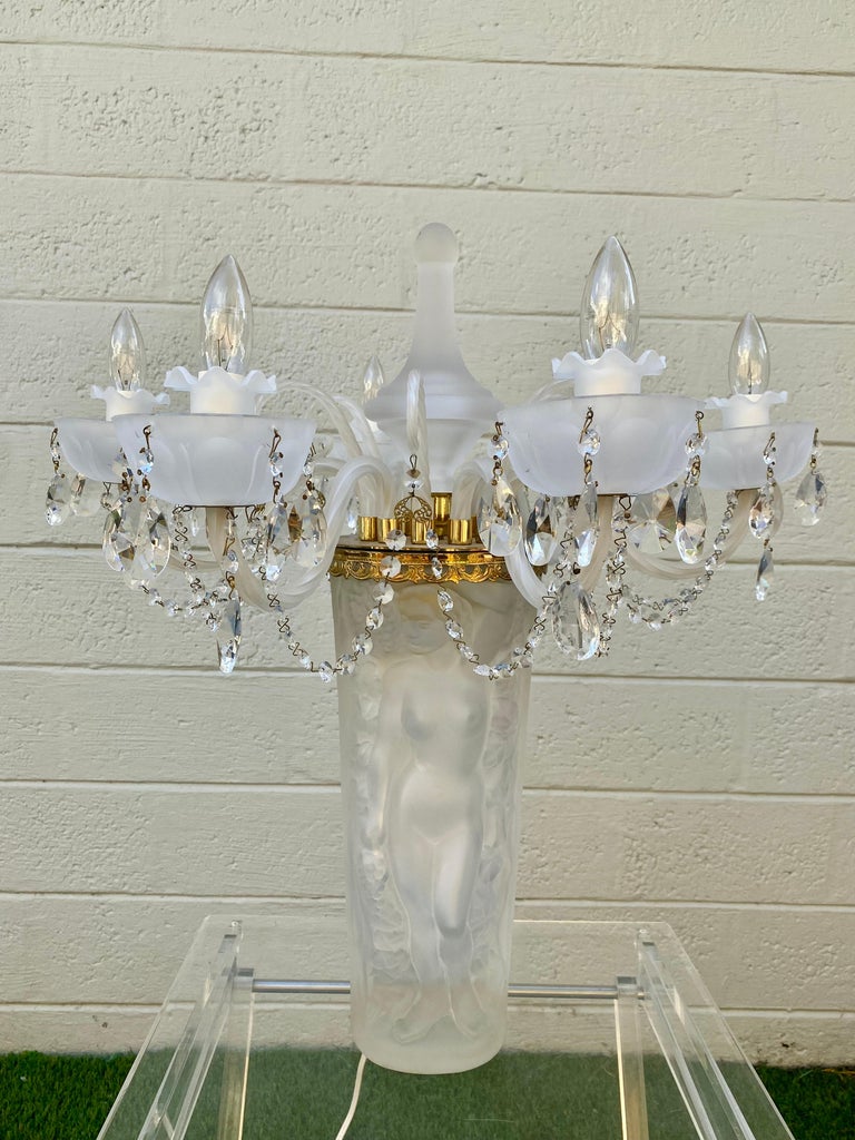 1970s Lalique Style Crystal and Brass Bacchante Figurative Chandelier