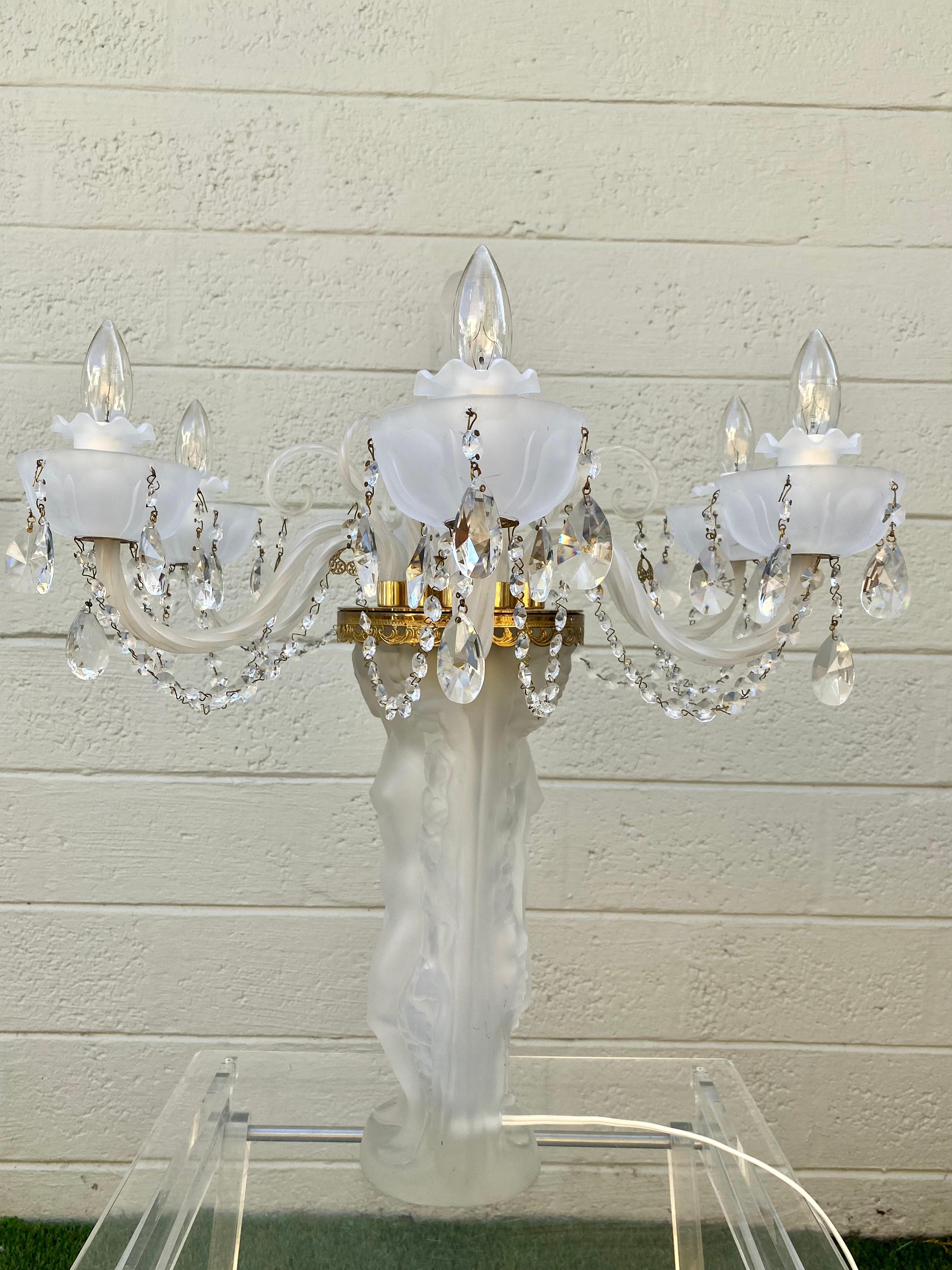 French 1970s Lalique Style Crystal and Brass Bacchante Figurative Chandelier Table Lamp For Sale