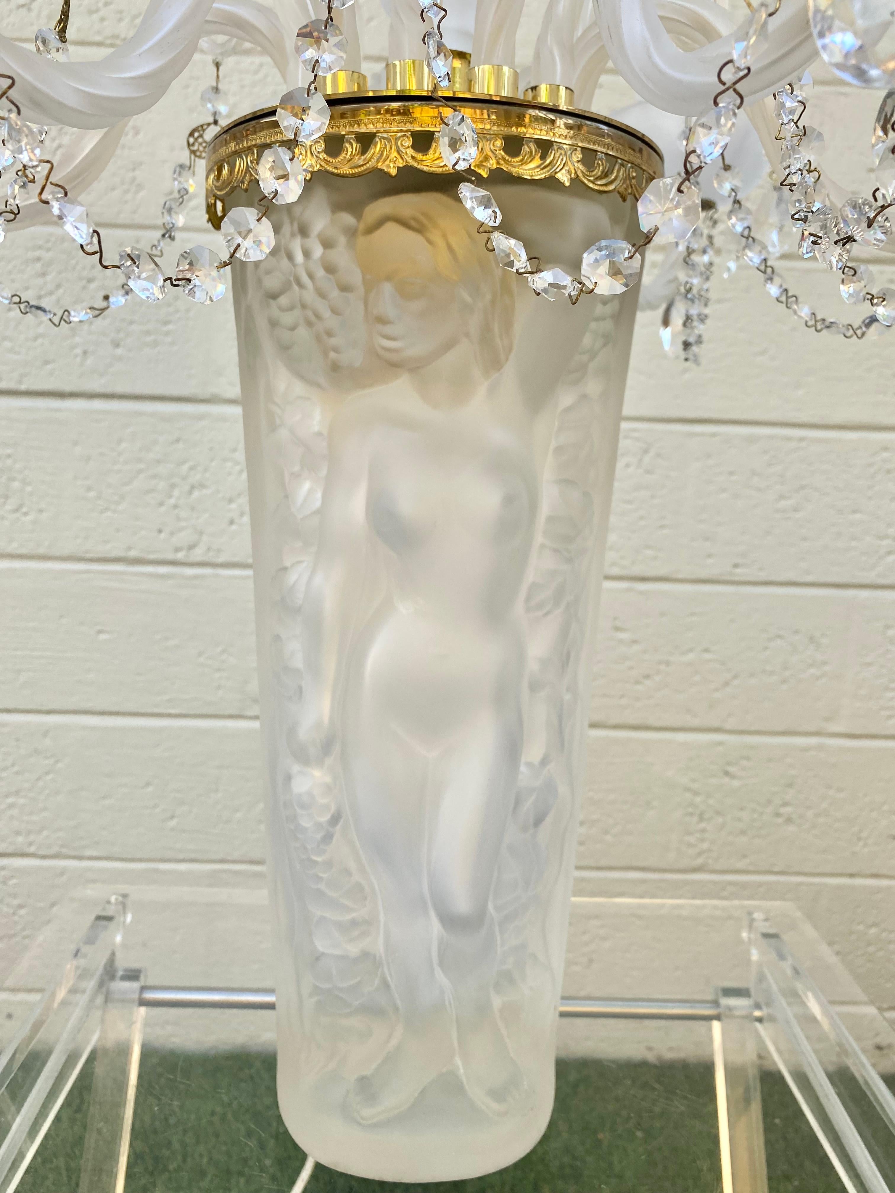 Late 20th Century 1970s Lalique Style Crystal and Brass Bacchante Figurative Chandelier Table Lamp For Sale