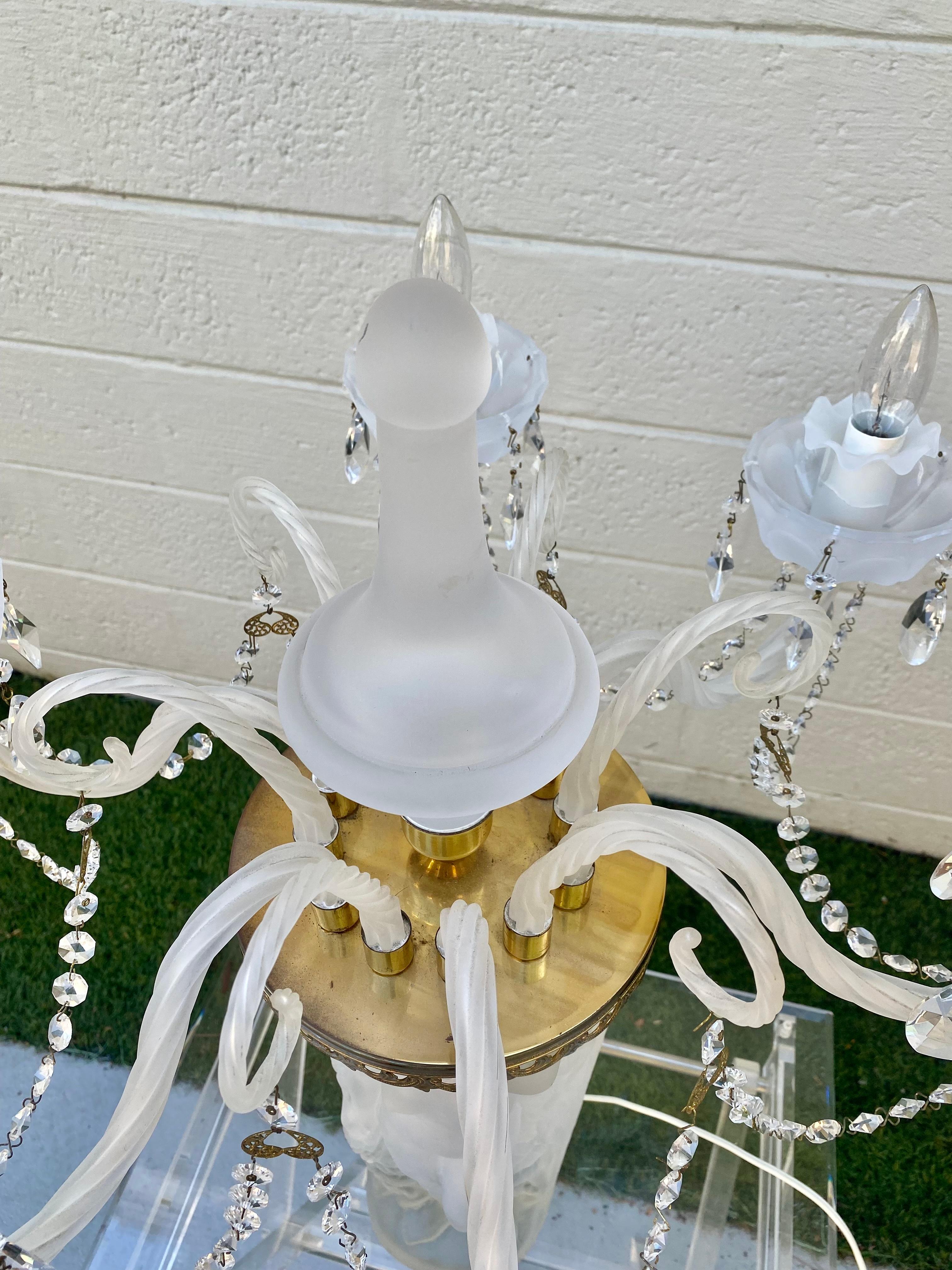1970s Lalique Style Crystal and Brass Bacchante Figurative Chandelier Table Lamp For Sale 2