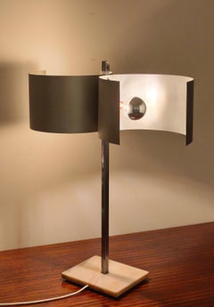 1970s lamp, metal stem, stainless steel lampshade and marble base
