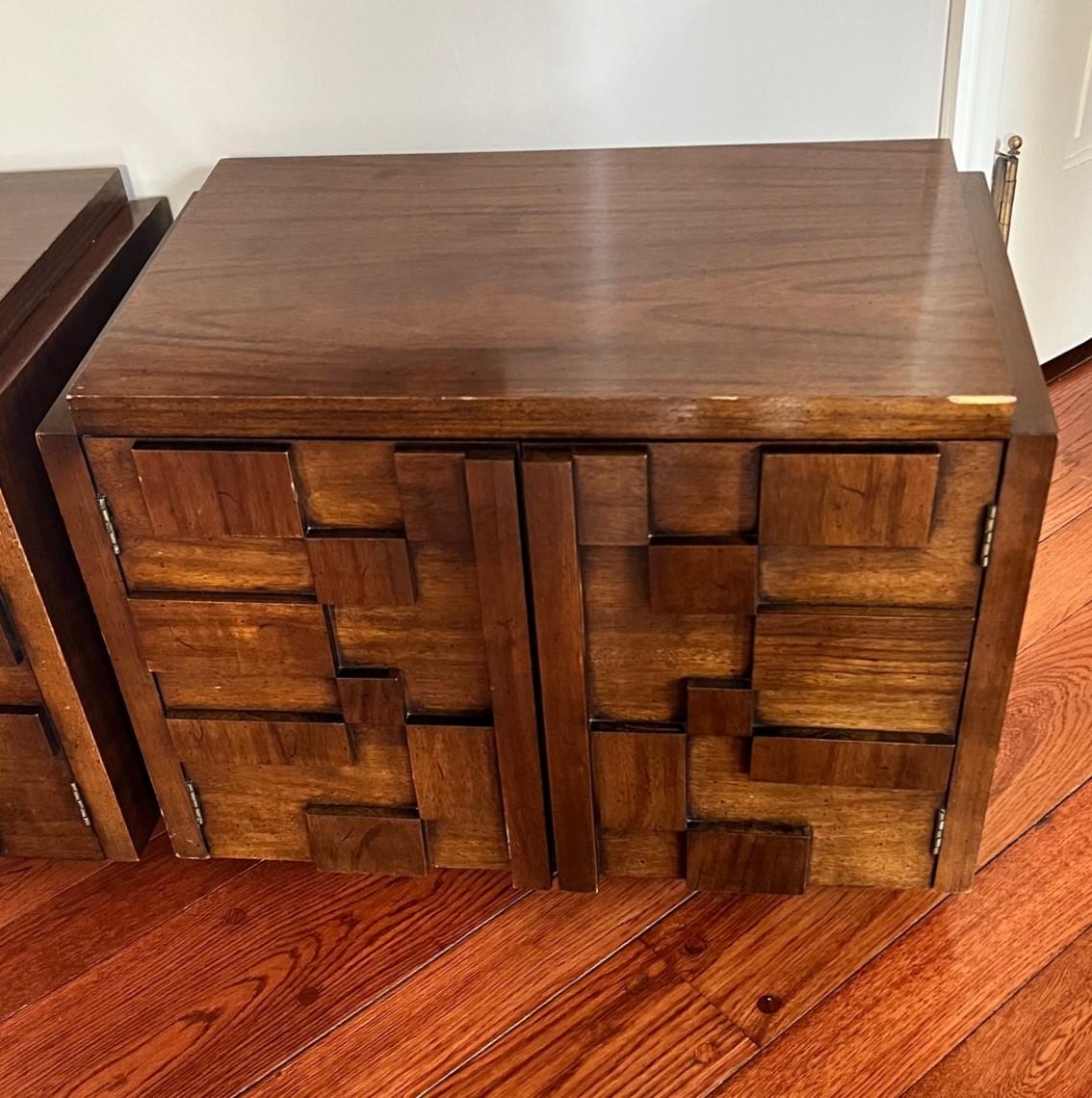 American 1970s Lane Brutalist Staccato Nightstands in Walnut, a Pair