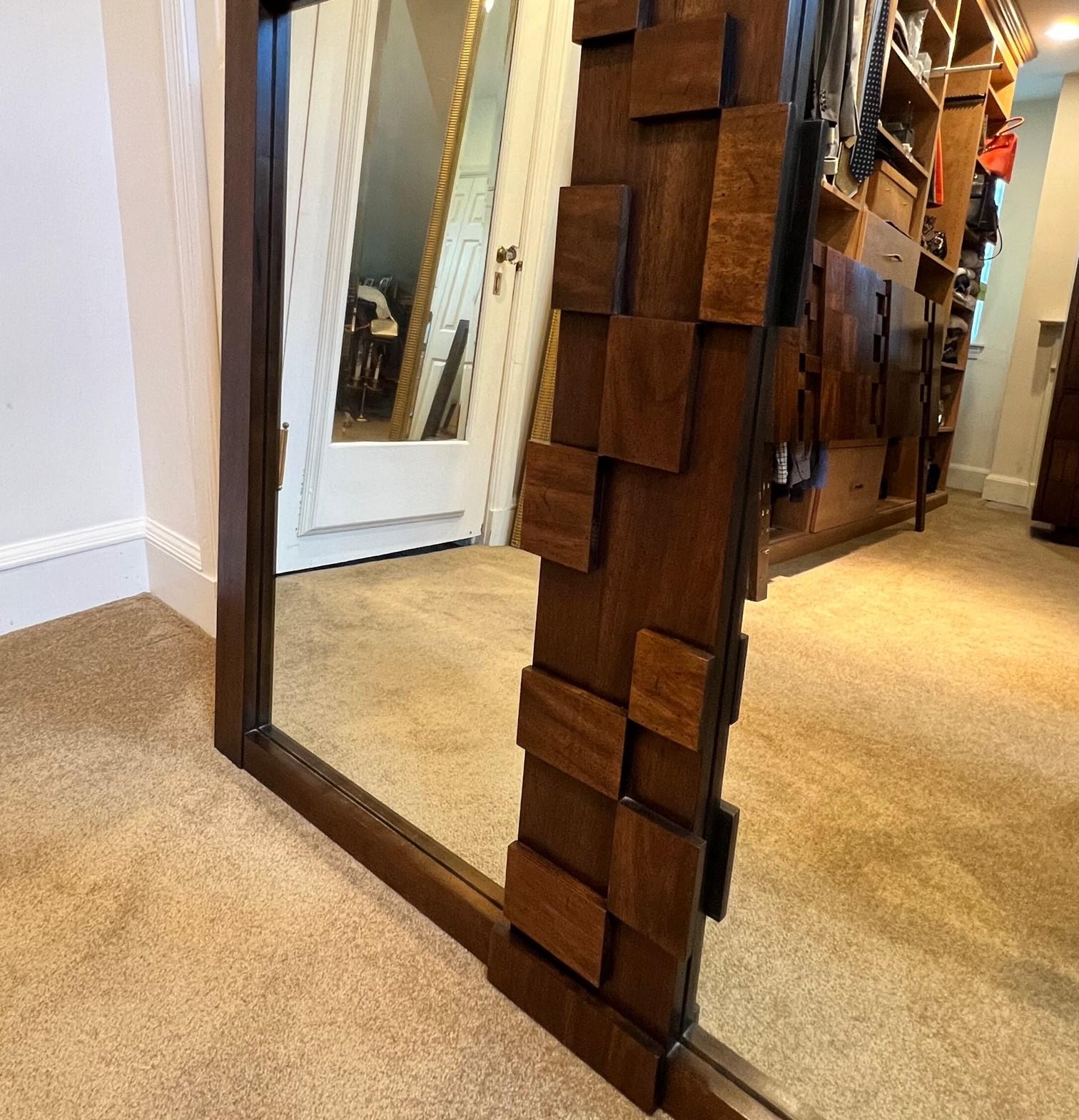 Woodwork 1970's, Lane Brutalist Staccato Wall Mirror in Walnut For Sale