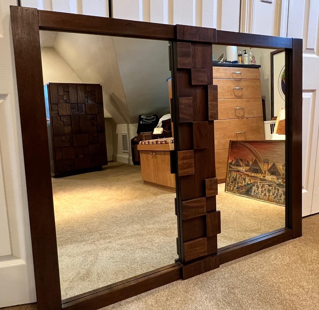 1970's, Lane Brutalist Staccato Wall Mirror in Walnut In Good Condition For Sale In Morristown, NJ