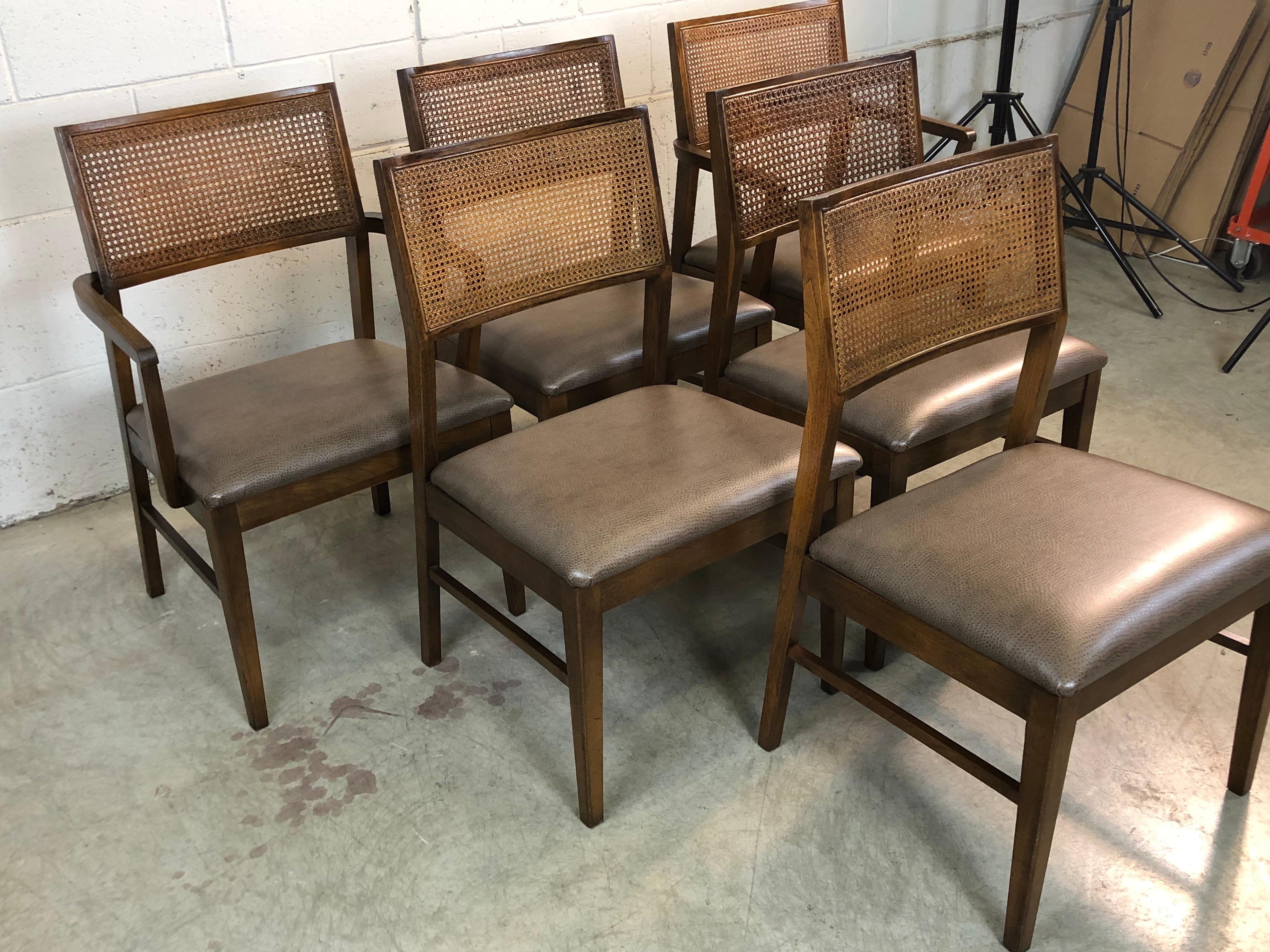 American 1970s Lane Furniture Caned Back Dining Chairs, Set of 6