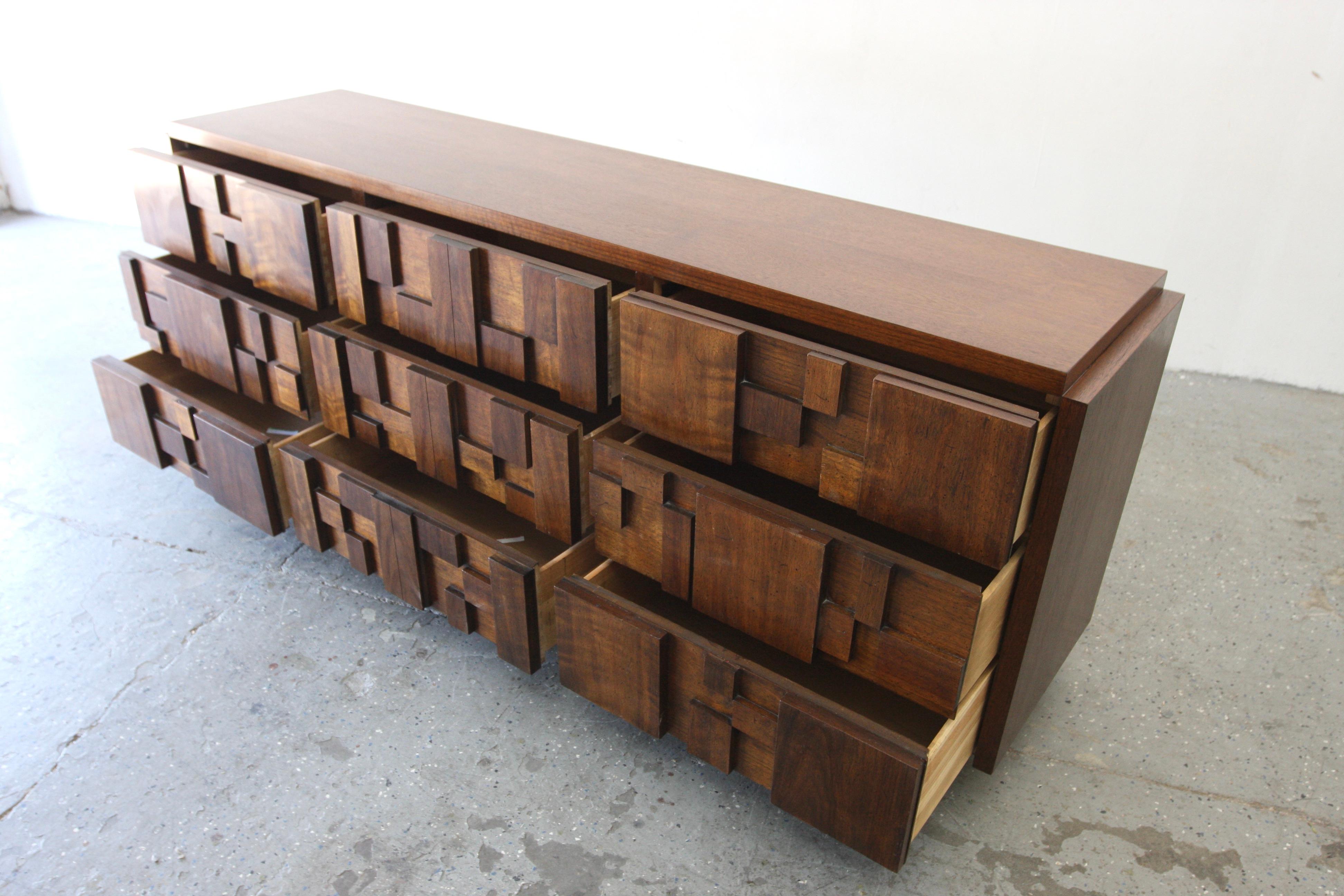 Walnut 1970s Lane Staccato Mid Century Modern Mosaic Brutalist Lowboy Dresser