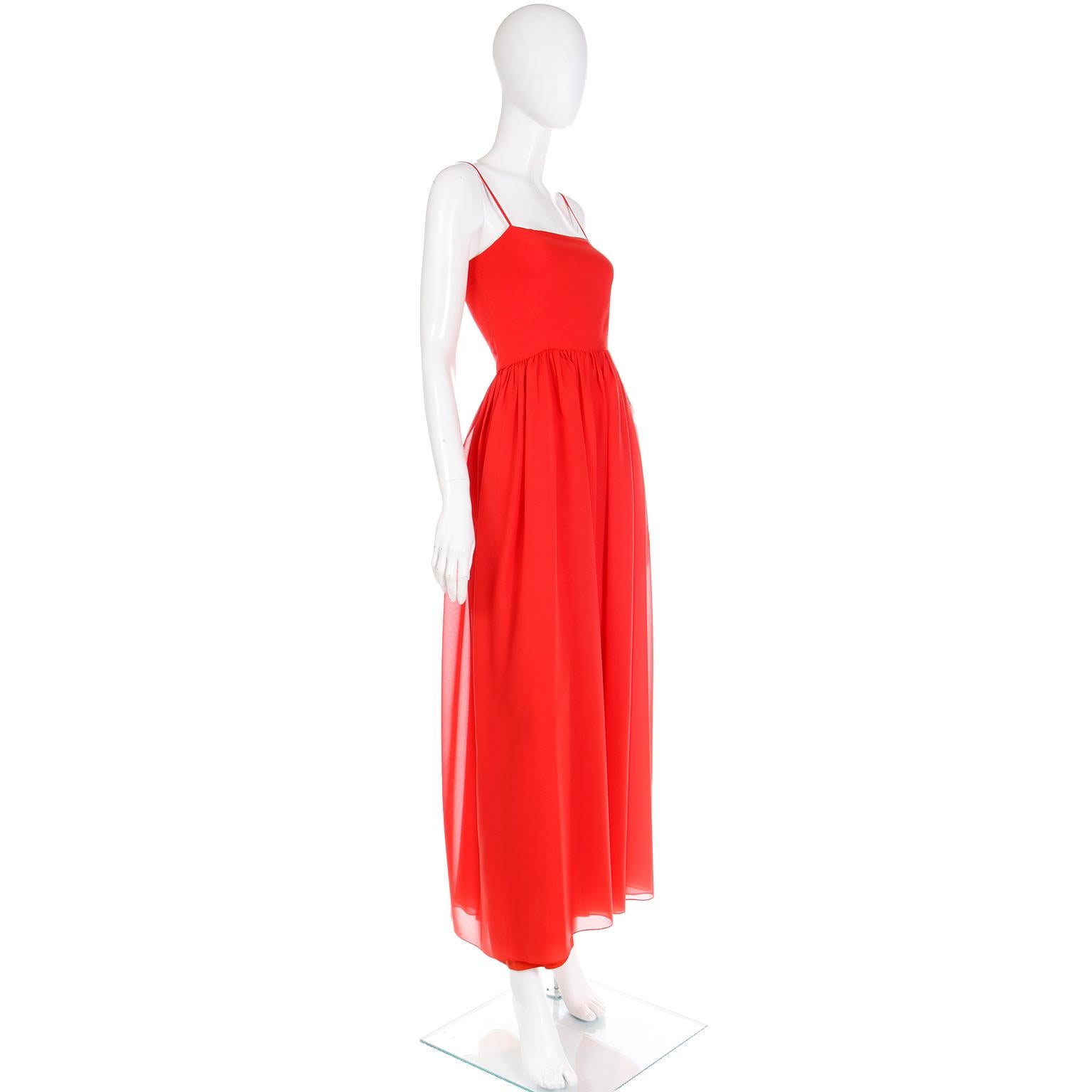1970s Lanvin Boutique Paris Vintage Red Silk Day Maxi Dress or Evening Dress In Excellent Condition In Portland, OR
