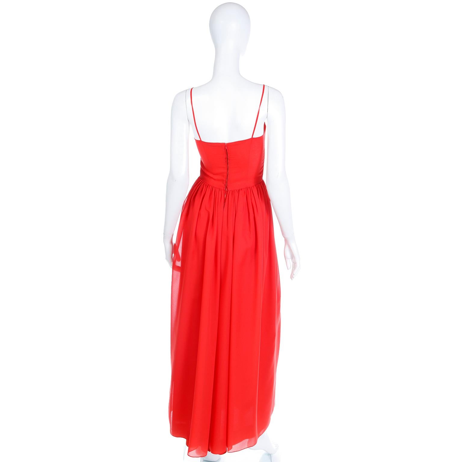 Women's 1970s Lanvin Boutique Paris Vintage Red Silk Day Maxi Dress or Evening Dress For Sale