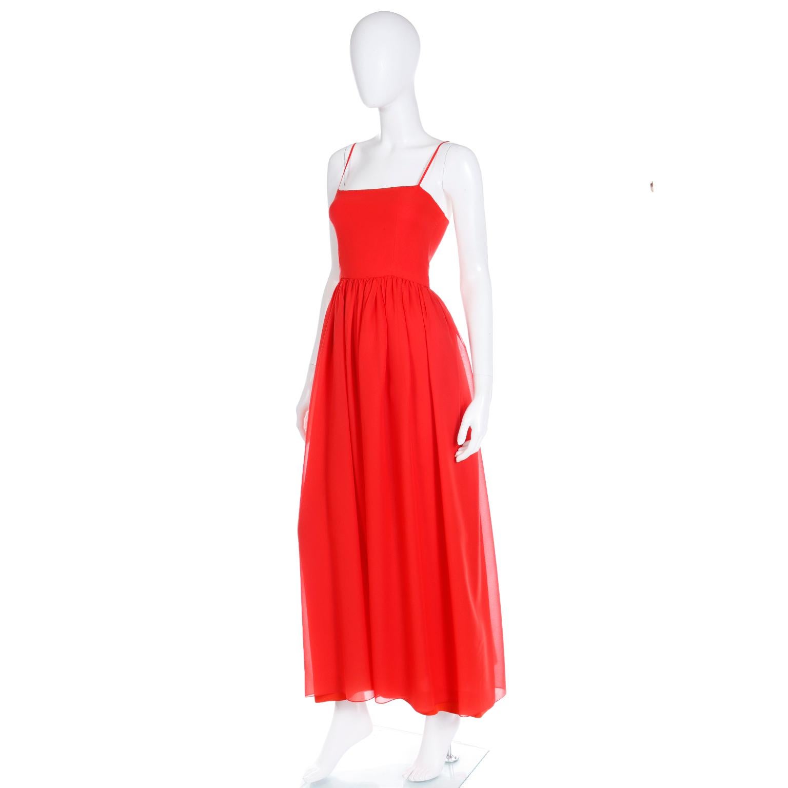 1970s Lanvin Boutique Paris Vintage Red Silk Day Maxi Dress or Evening Dress 1