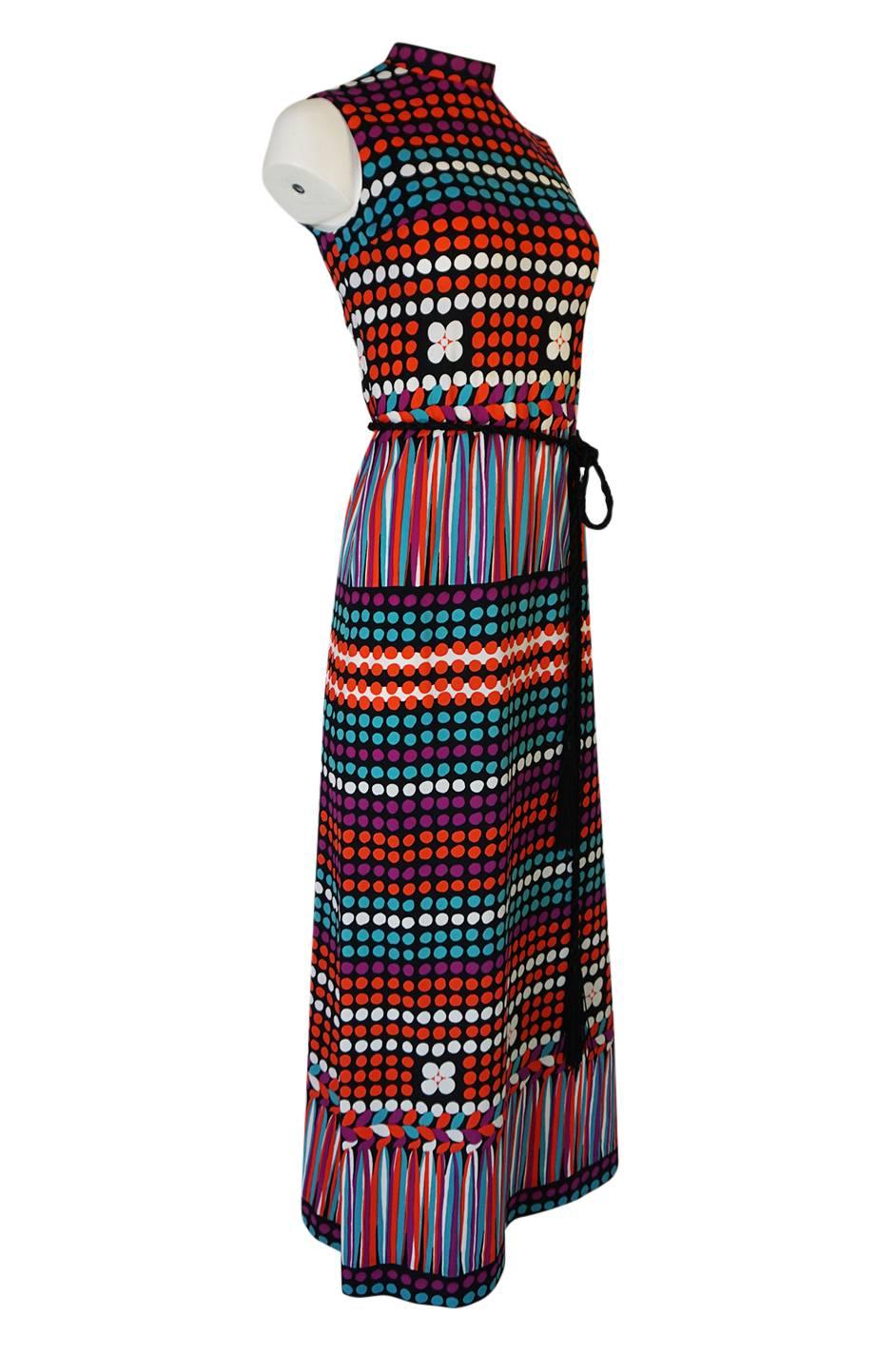 Black 1970s Lanvin Bright Printed Dot & Stripe Jersey Dress
