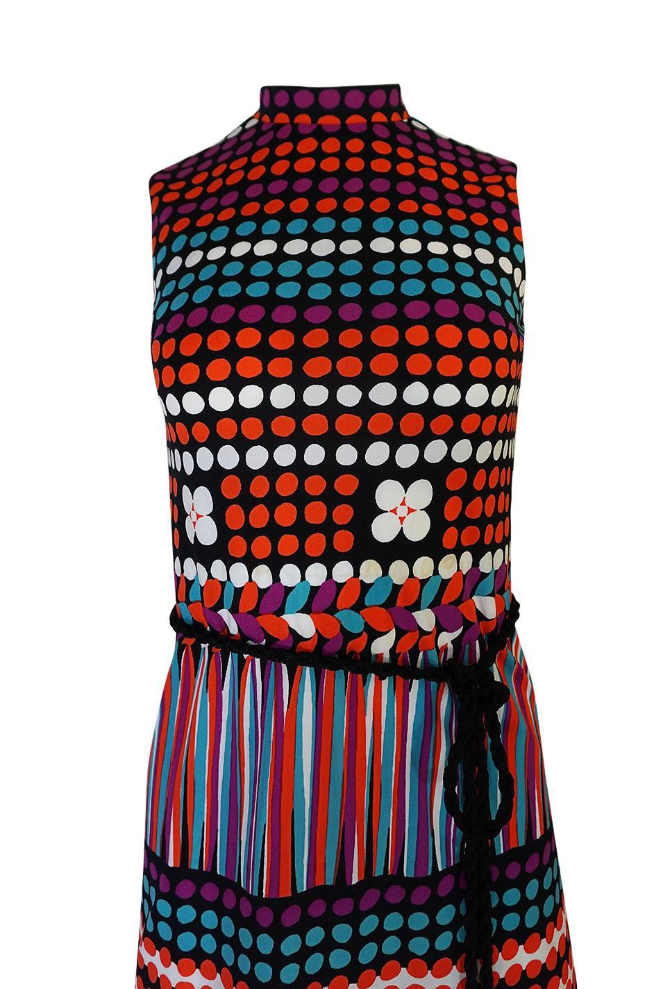 Women's 1970s Lanvin Bright Printed Dot & Stripe Jersey Dress