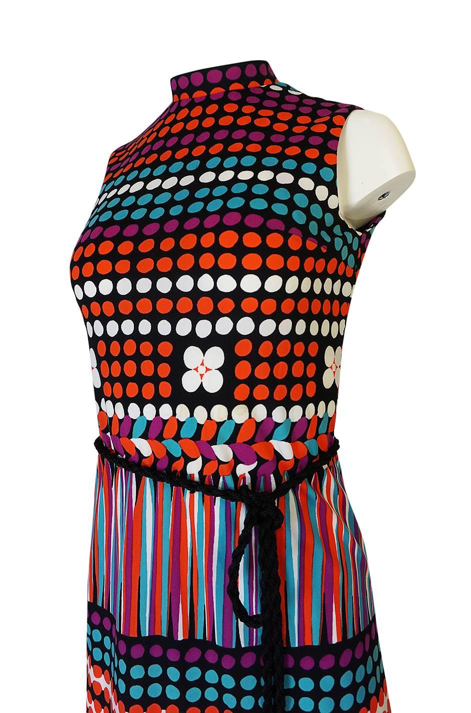 1970s Lanvin Bright Printed Dot & Stripe Jersey Dress 1
