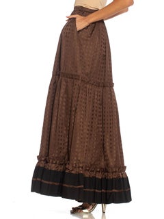 1970S LANVIN Brown Haute Couture Silk Full Pleated Peasant Skirt