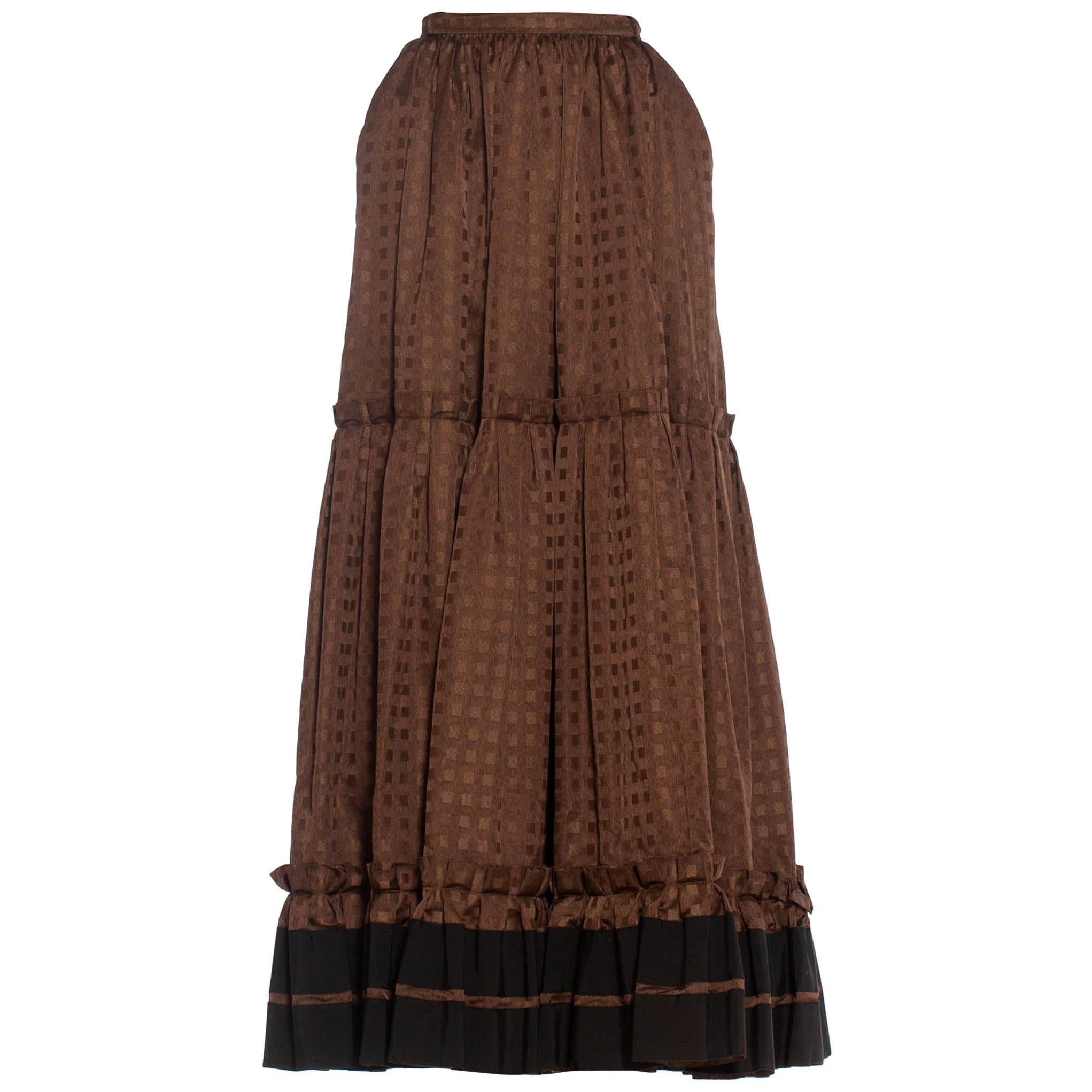 1970S LANVIN Brown Haute Couture Silk Full Pleated Peasant Skirt For Sale