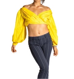 1970S LANVIN Canary Yellow Crisp Cotton Blouse With Full Bare Shoulder Sleeves