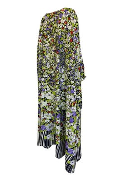 1970s Lanvin Floral Printed Fluid Jersey Ribbon Front Caftan Dress