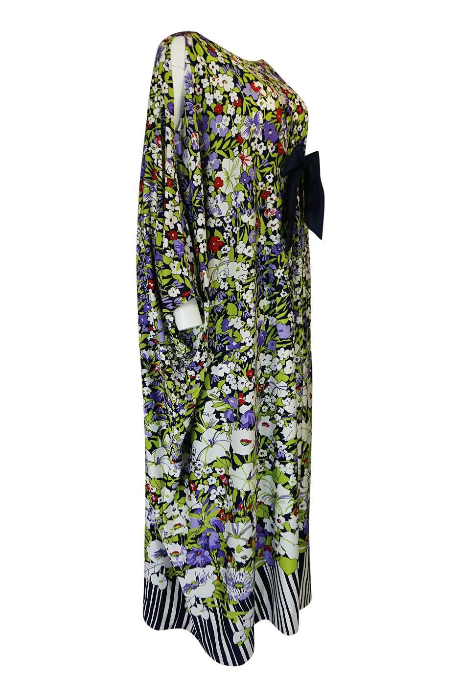 Black 1970s Lanvin Floral Printed Fluid Jersey Ribbon Front Caftan Dress