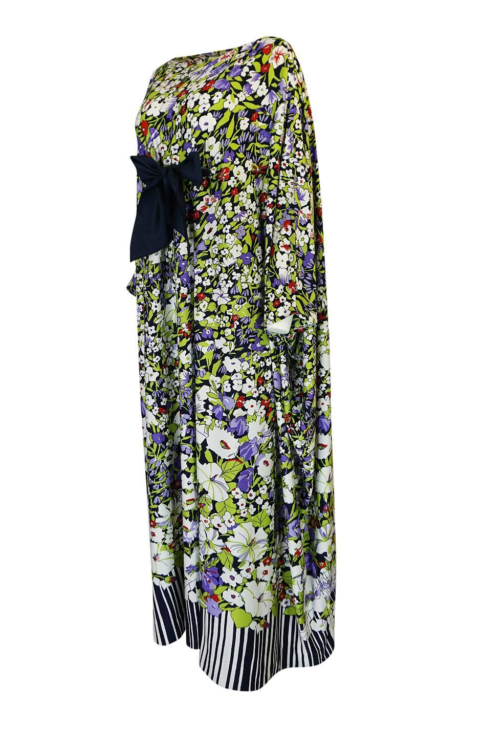 1970s Lanvin Floral Printed Fluid Jersey Ribbon Front Caftan Dress In Excellent Condition In Rockwood, ON