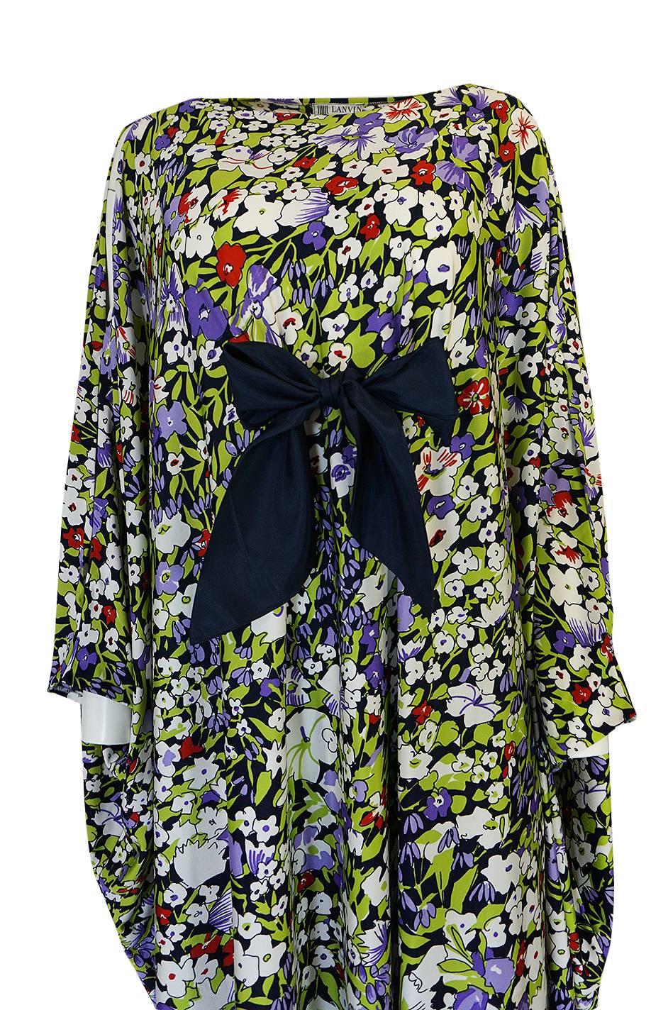 Women's 1970s Lanvin Floral Printed Fluid Jersey Ribbon Front Caftan Dress