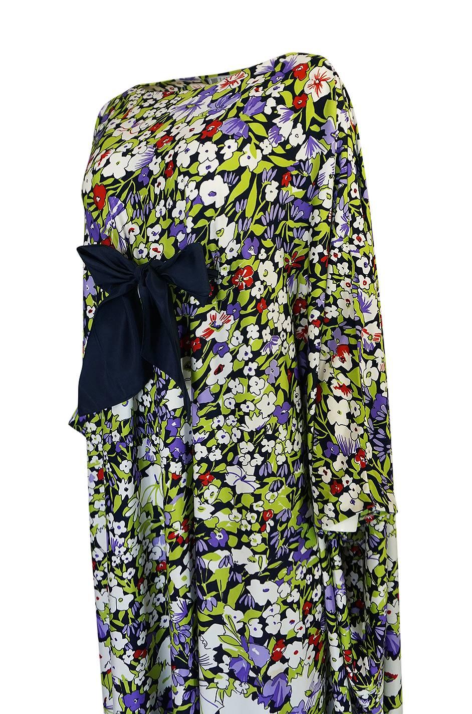 1970s Lanvin Floral Printed Fluid Jersey Ribbon Front Caftan Dress 1