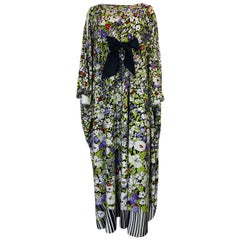 1970s Lanvin Floral Printed Fluid Jersey Ribbon Front Caftan Dress
