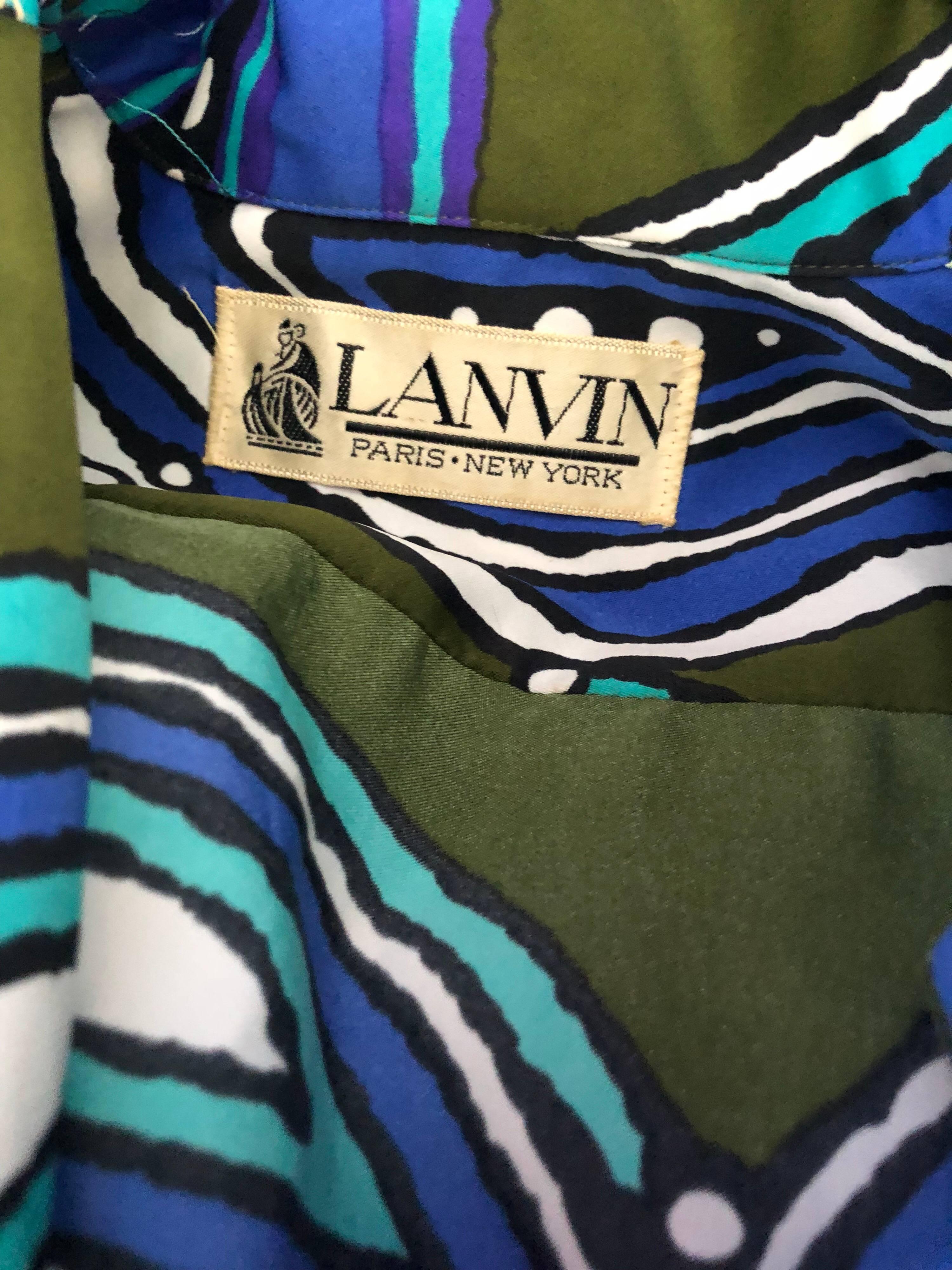 1970s Lanvin Olive Green + Blue Abstract Print Long Sleeve 70s Silk Shirt Dress 5