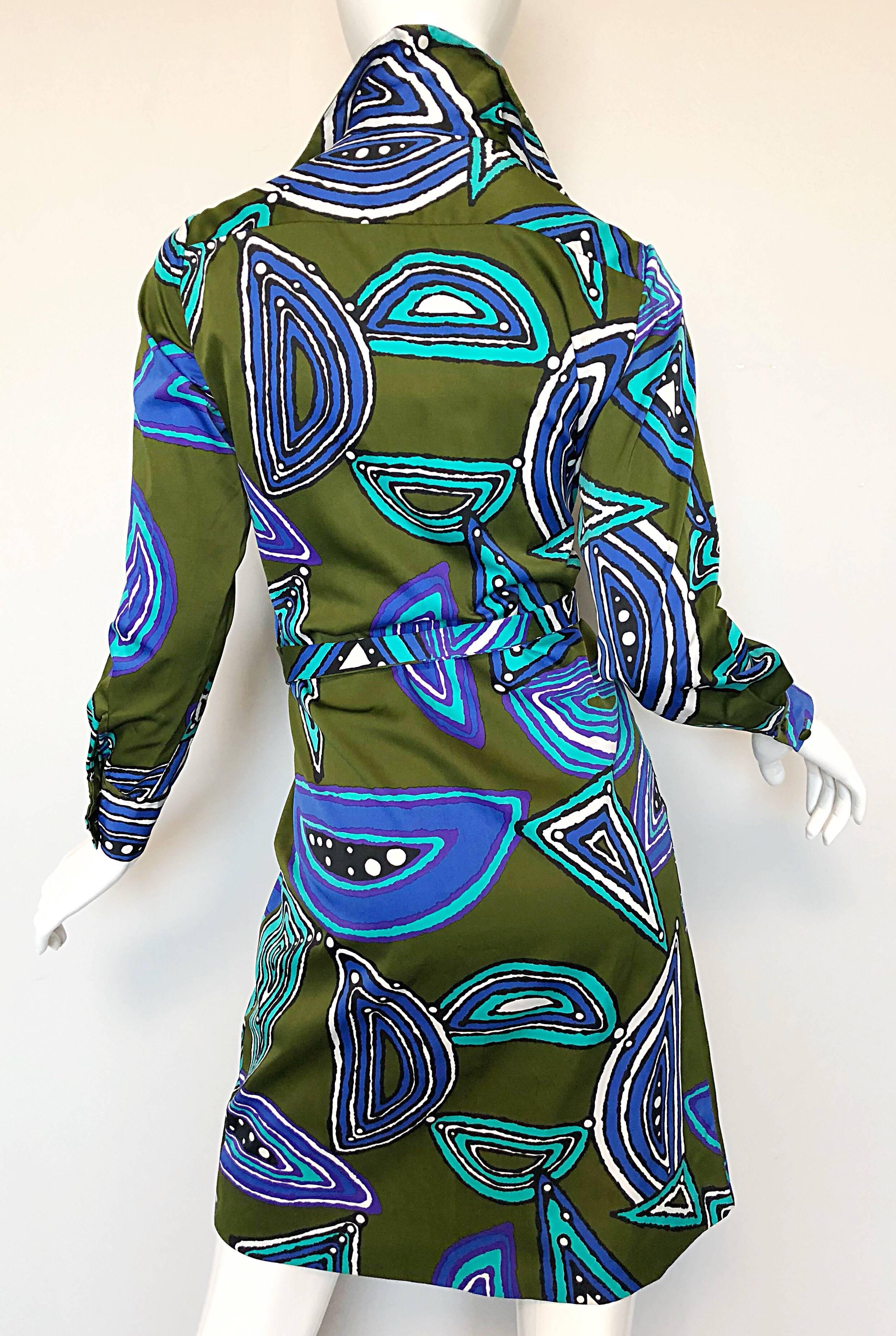 Black 1970s Lanvin Olive Green + Blue Abstract Print Long Sleeve 70s Silk Shirt Dress
