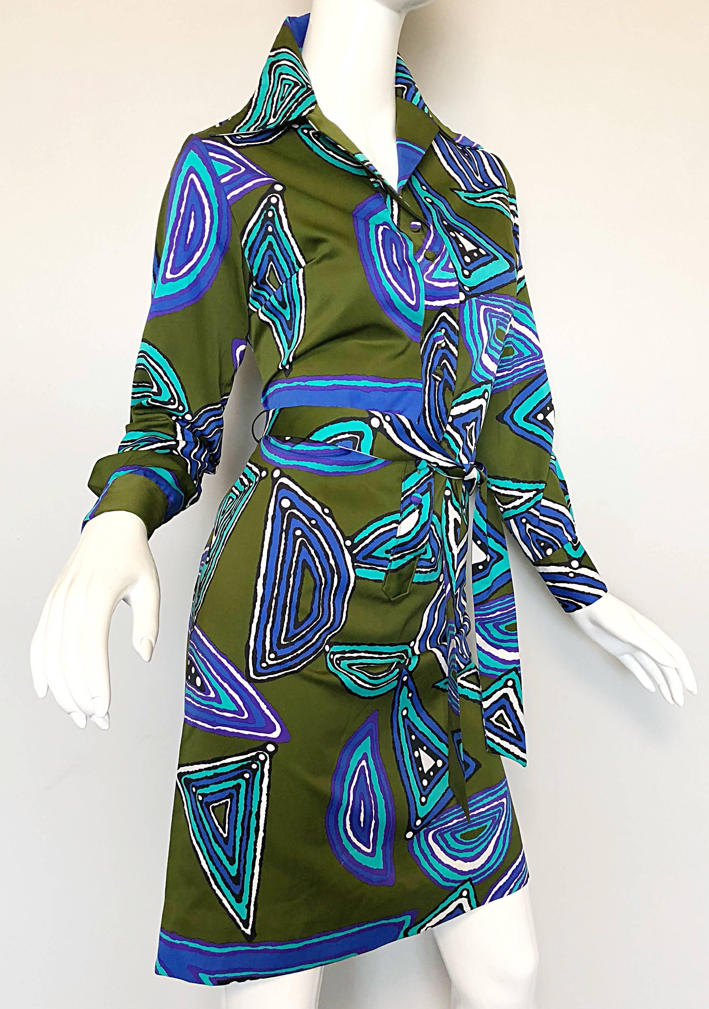 Women's 1970s Lanvin Olive Green + Blue Abstract Print Long Sleeve 70s Silk Shirt Dress