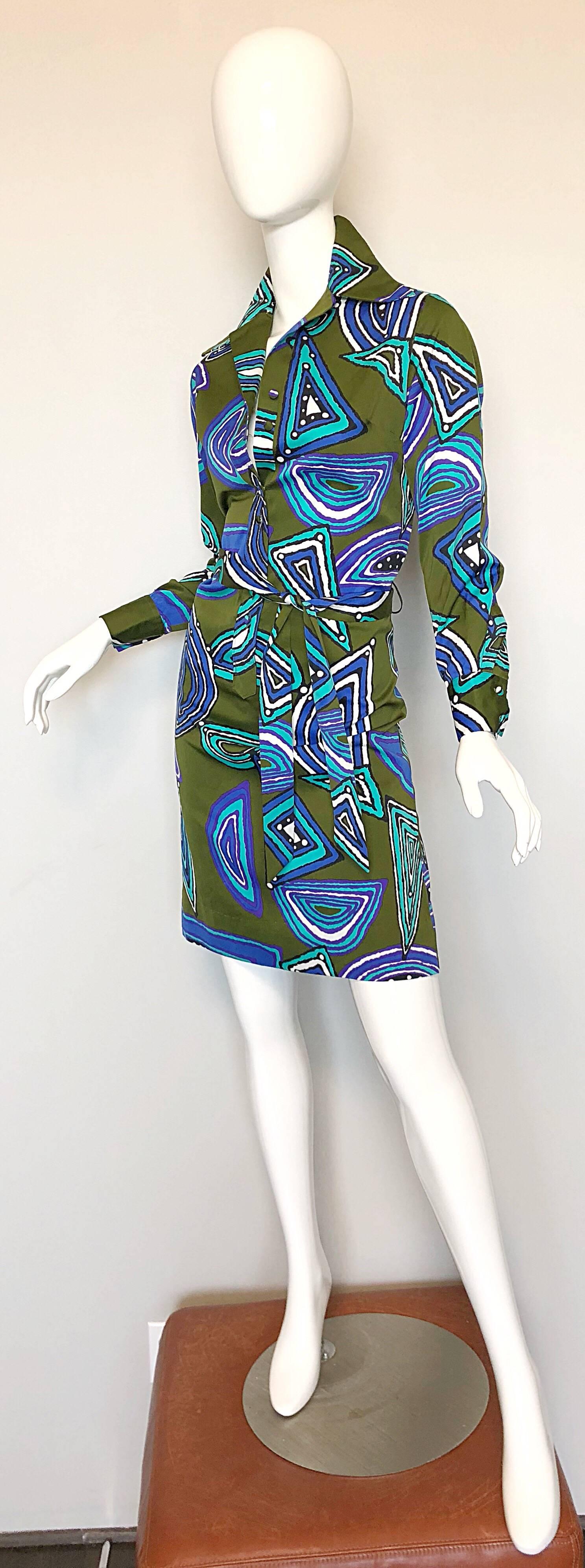 1970s Lanvin Olive Green + Blue Abstract Print Long Sleeve 70s Silk Shirt Dress 1