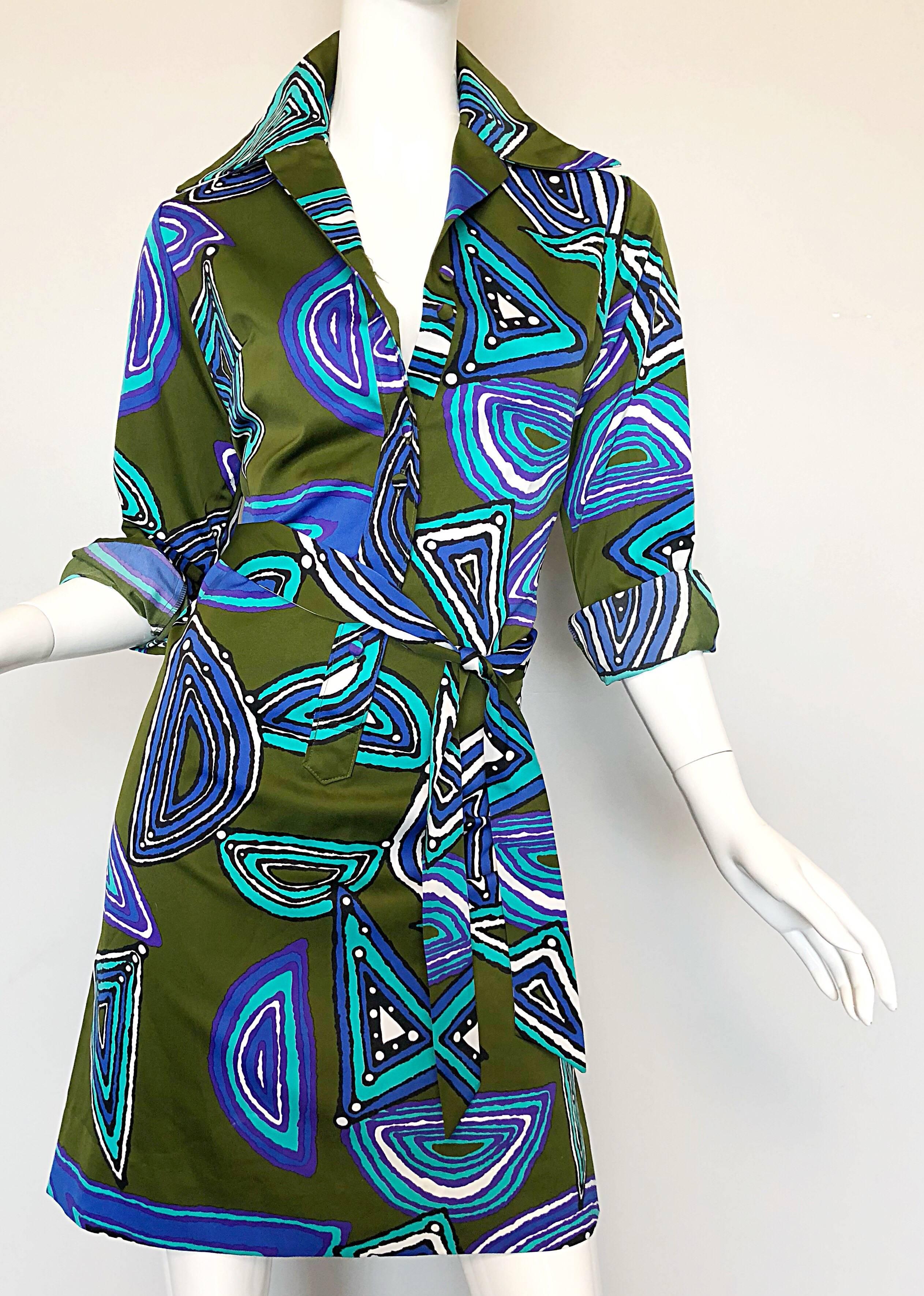 1970s Lanvin Olive Green + Blue Abstract Print Long Sleeve 70s Silk Shirt Dress 3