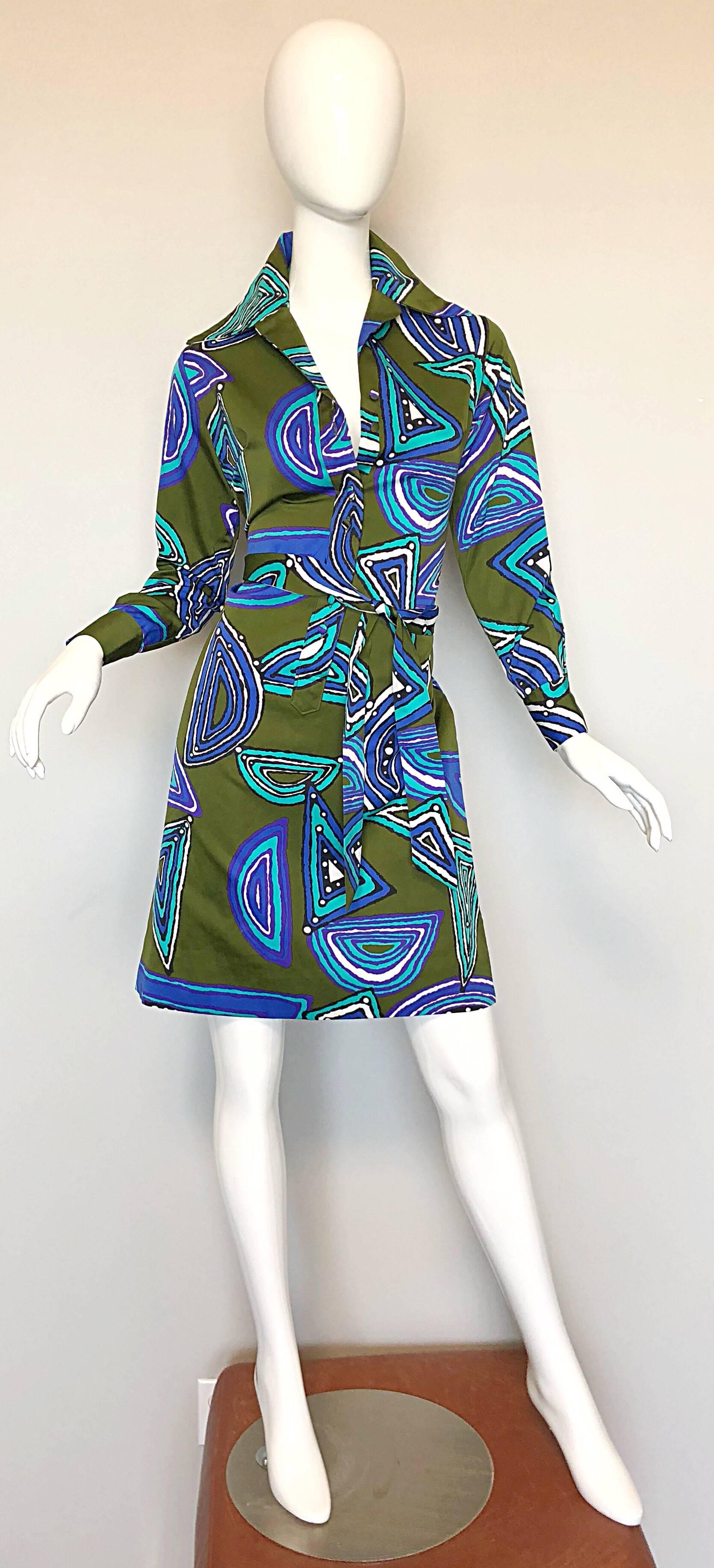 1970s Lanvin Olive Green + Blue Abstract Print Long Sleeve 70s Silk Shirt Dress 4