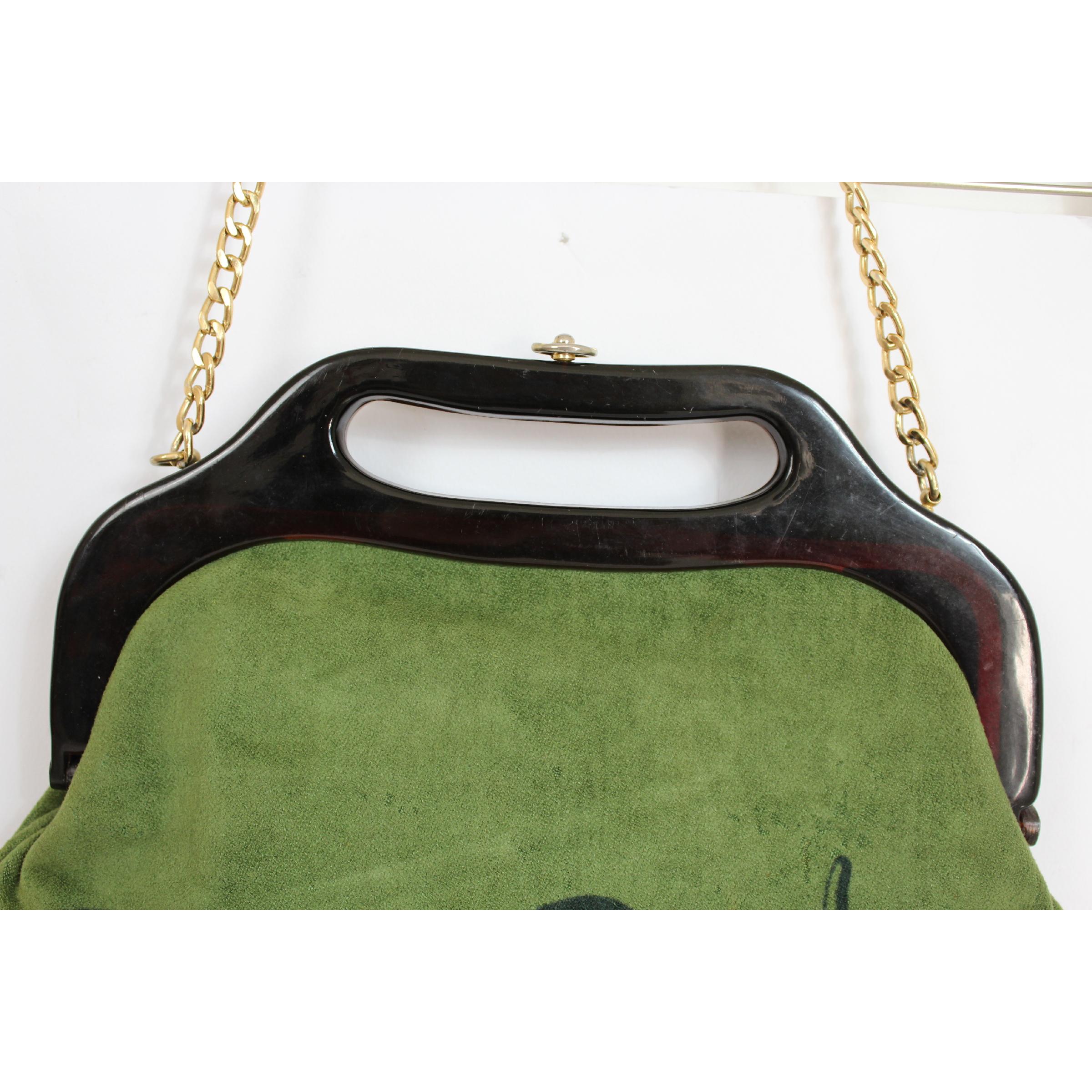 Brown 1970s Lanvin Paris Green Velvet Bakelite Handles Golden Chain Shoulder Bag