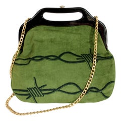 Retro 1970s Lanvin Paris Green Velvet Bakelite Handles Golden Chain Shoulder Bag