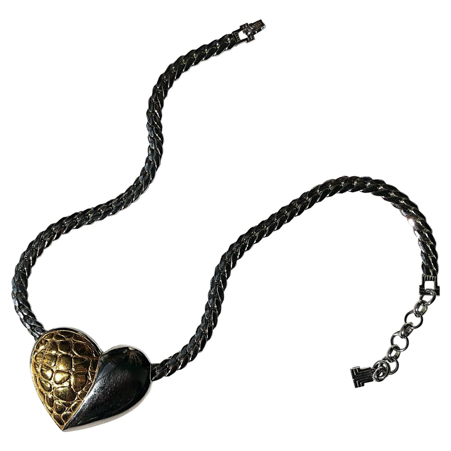 1970s Lanvin Paris Heart Pendant Necklace with Gold Plate Two Tone For Sale