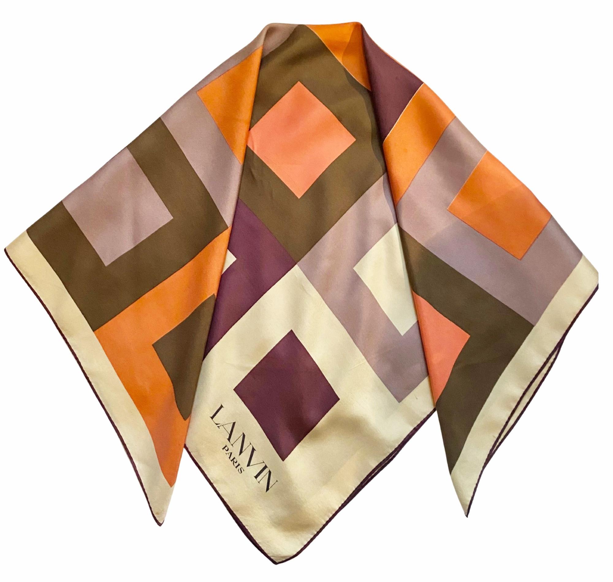 Marrone Sciarpa in seta multicolore a quadri Lanvin Paris degli anni '70 in vendita