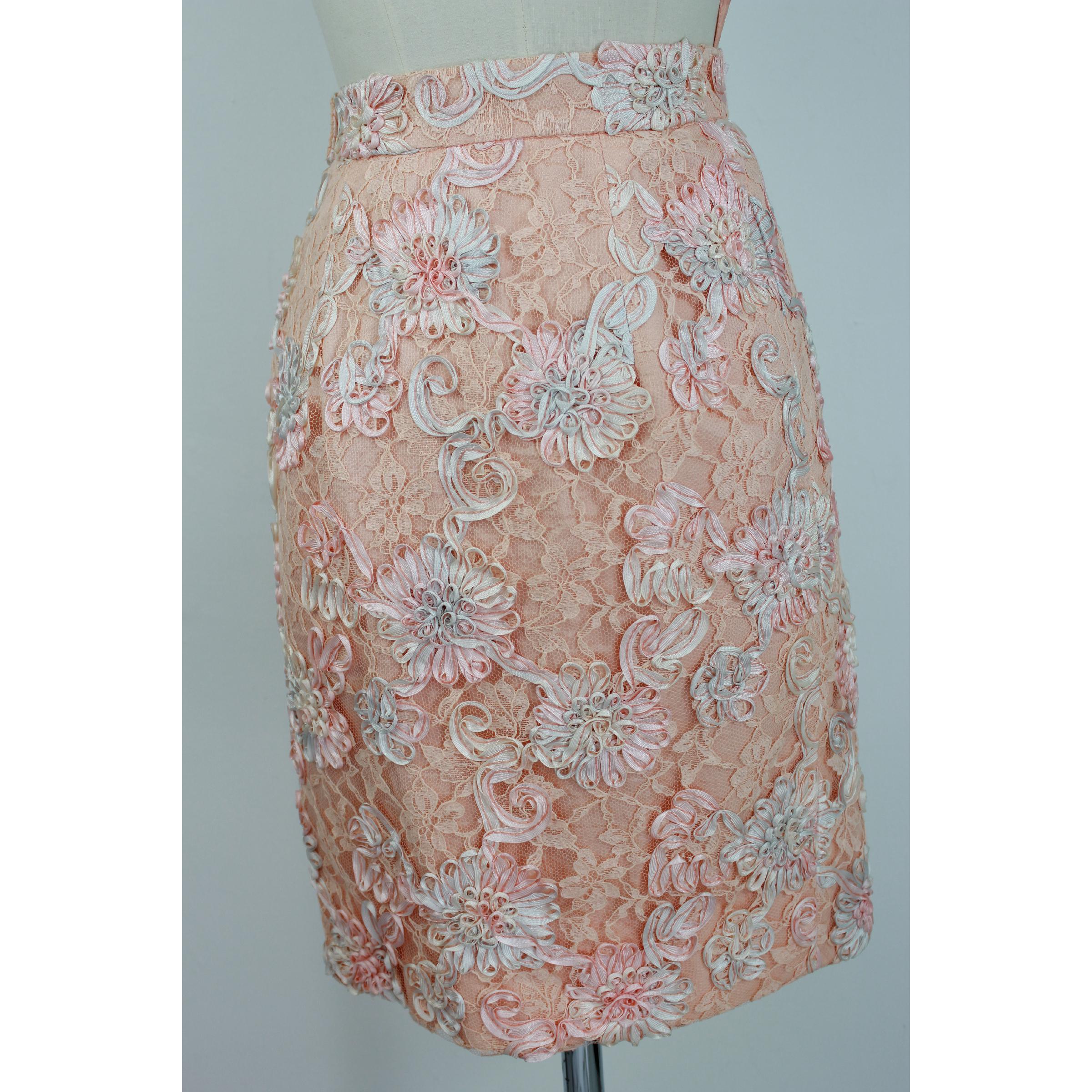 1970s Lanvin Pink Floral Lace Embroidered Formal Dress Set Skirt Jacket 5