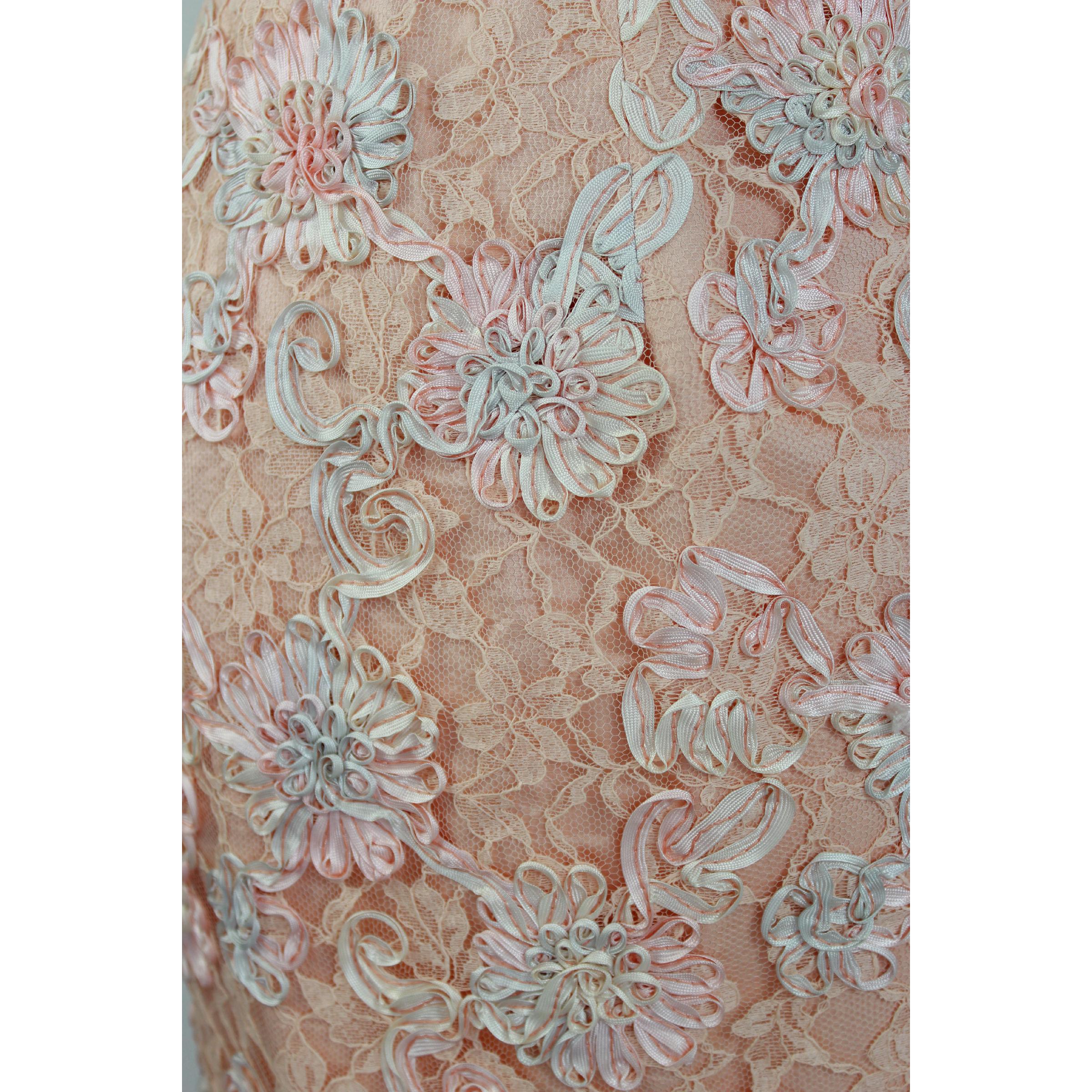 1970s Lanvin Pink Floral Lace Embroidered Formal Dress Set Skirt Jacket 6